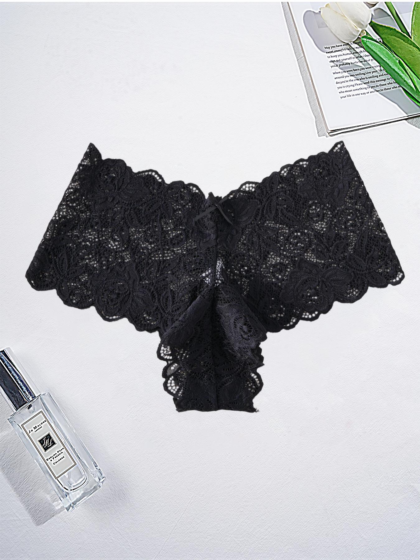 Women's Lace Underwear Mid-Waist Thong Panties, Bow Detail, Full Embroidery, Plain Color, M-Xxl, Slim-Fitting, All Seasons