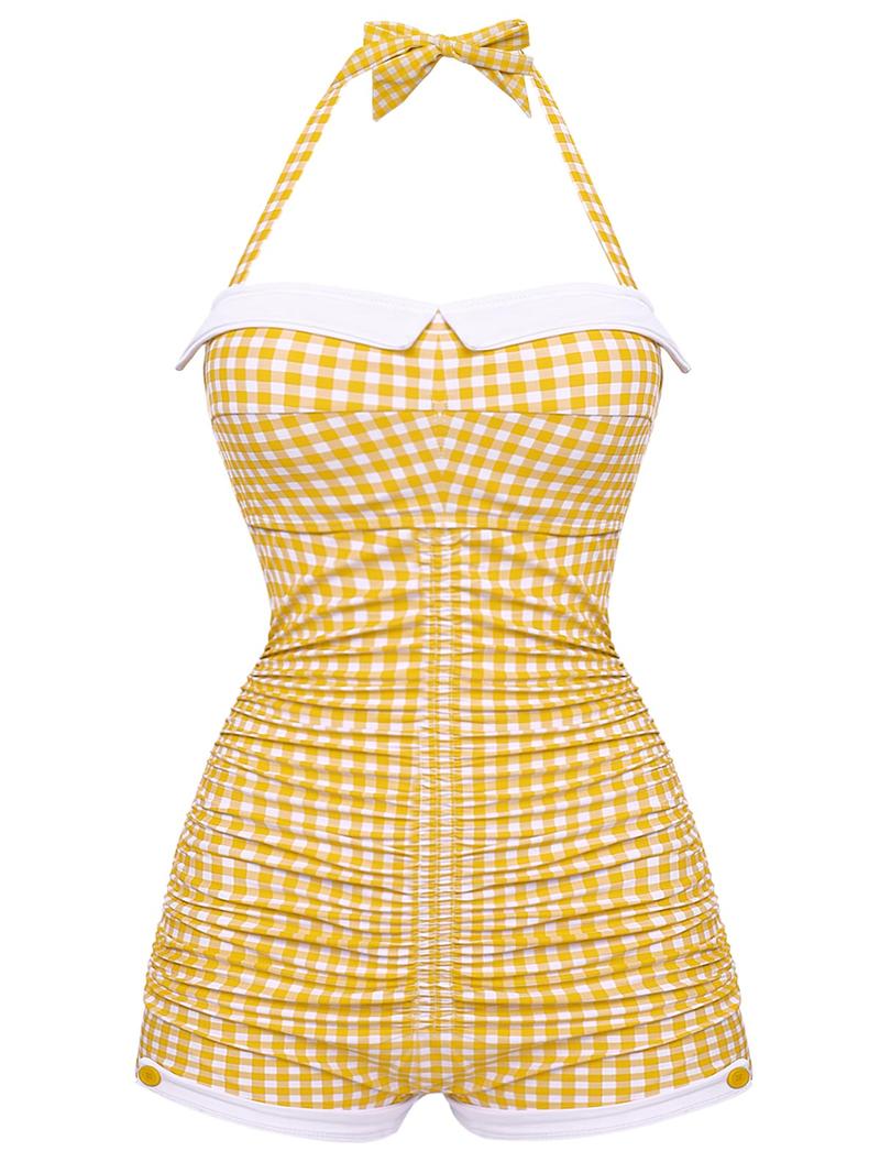 GINGHAM 1950S HALTER BOWKNOT ONE-PIECE WOMENSWEAR SWIMSUIT Swimoutfit Swimmingsuits