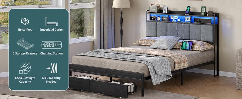 FUSOU RGB LED Headboard Bed with Charging Station, [FRAME ONLY NO MATTRESS], Upholstered Platform Bed Frame with 2 Storage Drawers, 2 USB & 2 AC Outlets, No Box Spring Needed, Black, Full Size ,Queen Size