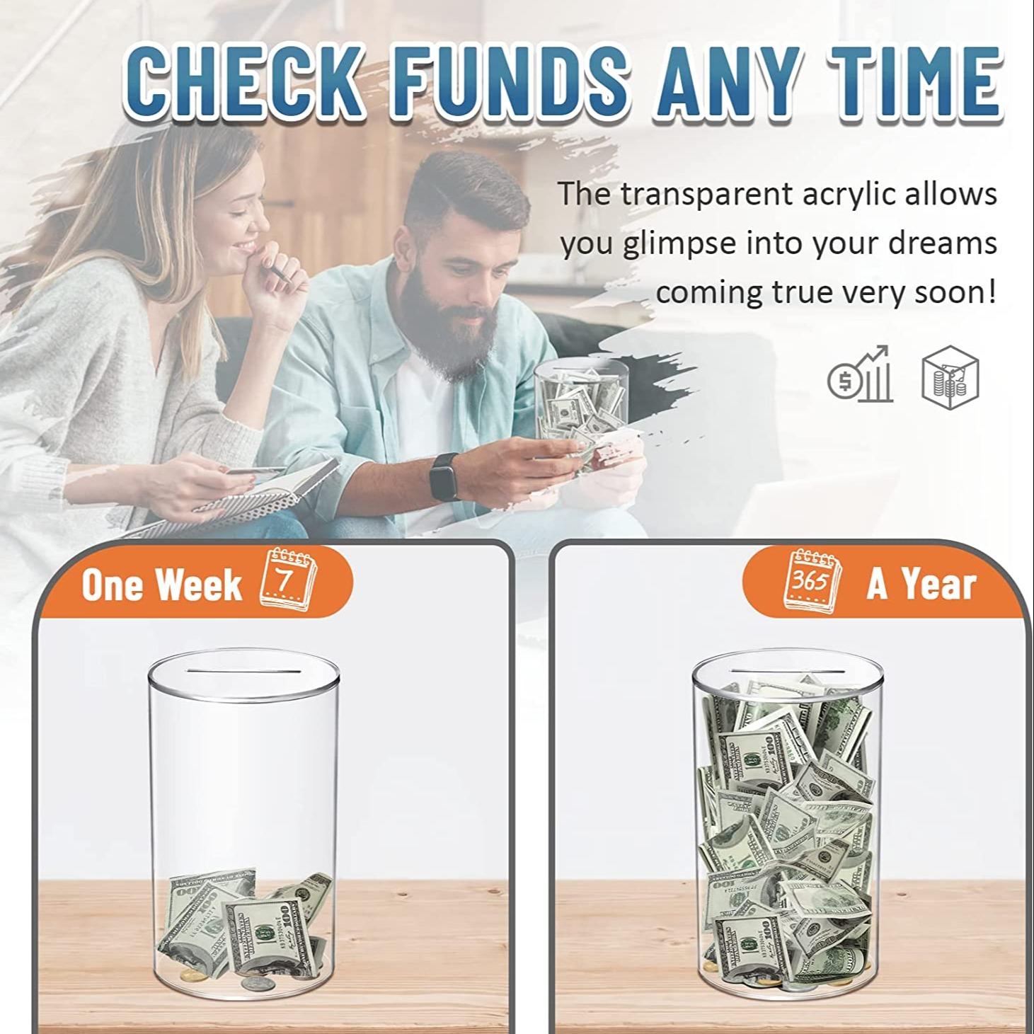 Acrylic Coin Bank Cylinder, Transparent Money Box, One-Way Inlet, Kids Gift, Independence Day Memorial, Desktop Decoration, Savings Planner, Acrylic Savings Jar, Acrylic Piggy Bank