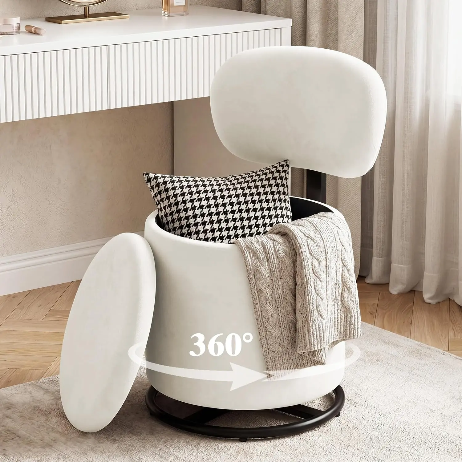 White Velvet Fabric 360° Swivel Vanity Chair with Hidden Storage, Backrest Support & Easy Assembly - Indoor Furniture Makeup Stool