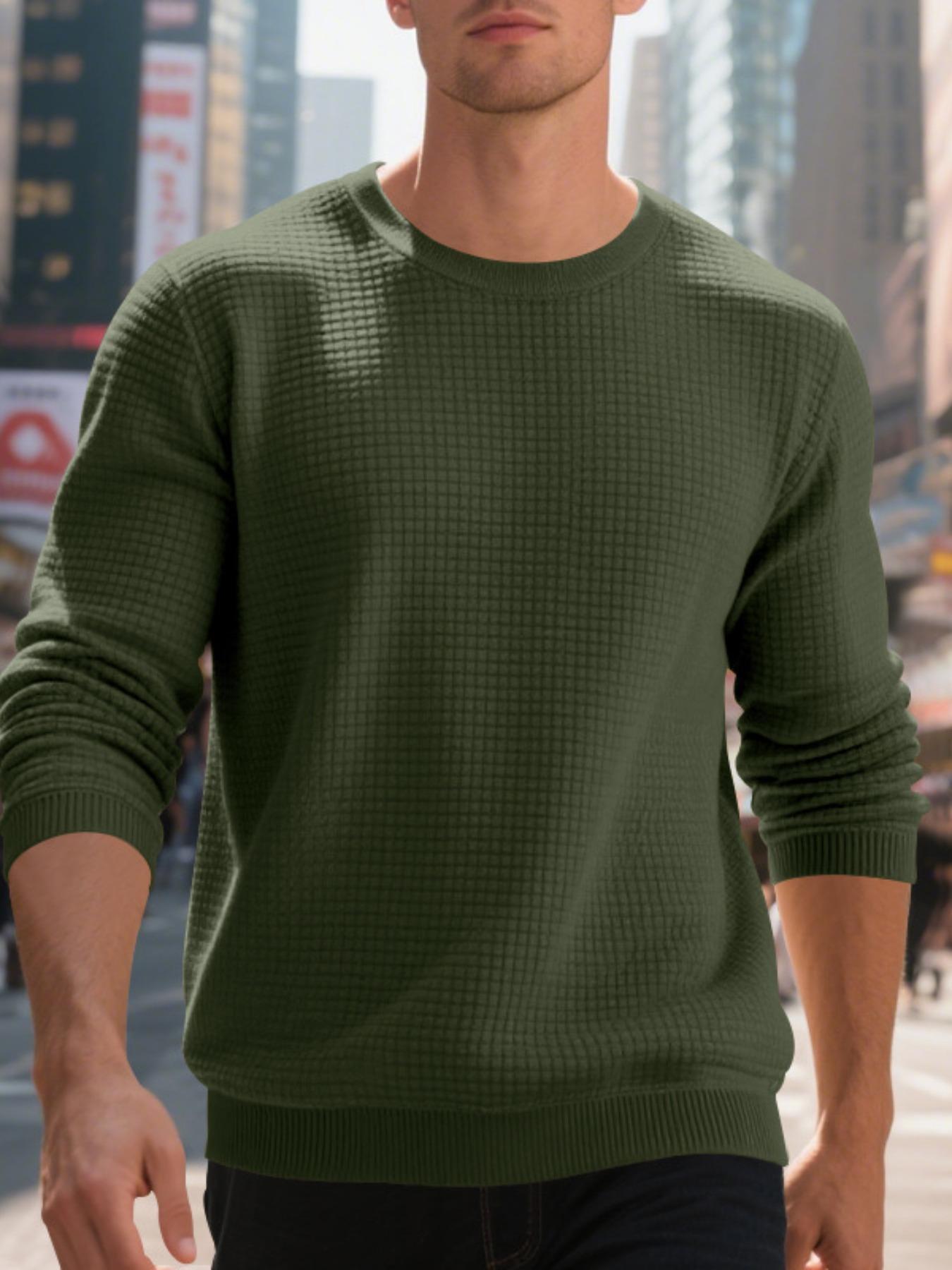 Men's White Waffle Knit Sweater, Crew Neck & Long Sleeve Design, Soft Breathable Cotton Blend for Spring Fall Casual, Office & Daily Wear – Slim Fit, Ribbed Cuffs/Hem, Thermal Texture, Classic, Crewneck