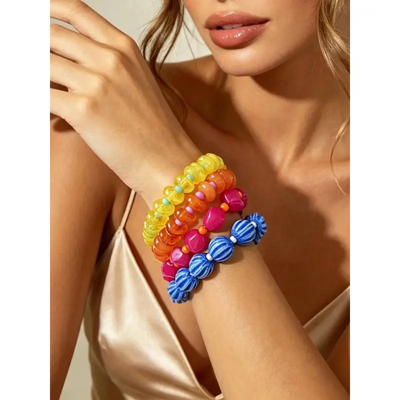 4Pcs Colorful Resin Beaded Stretch Bracelet Set, Y2K Stackable Bracelets, Layered Bracelet Set, Bracelet Combination Set, Beach Jewelry, Festival Party Gift for Women and Girls