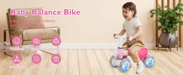 【Singing Bike】Colorful Lighting Baby Balance Bike for 1 Year Old Girls, Toddler Toys for 1 Year Old Girls Gifts, First Bike with Music and Soft Seat, 12-24 Month Toddler Balance Bike, First Birthday Gifts