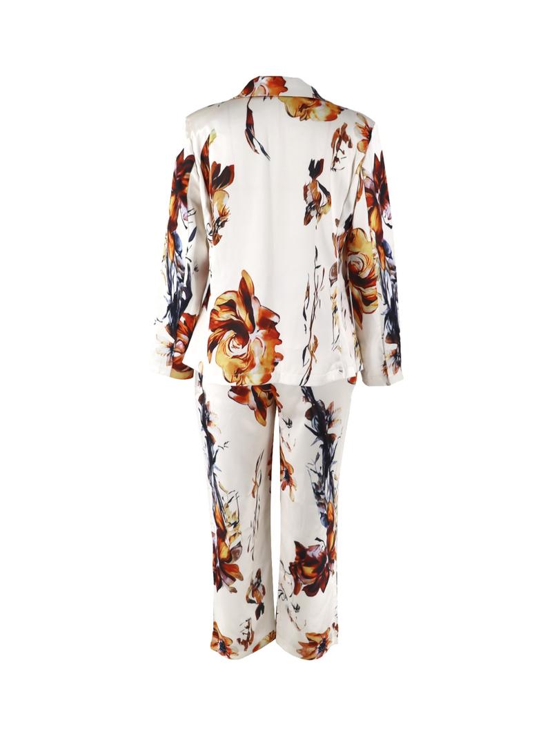 Two-piece Set Women's Floral Print Set, Elegant Long Sleeve Button Blazer & Pants Set, Women's Sleepwear for Spring & Fall