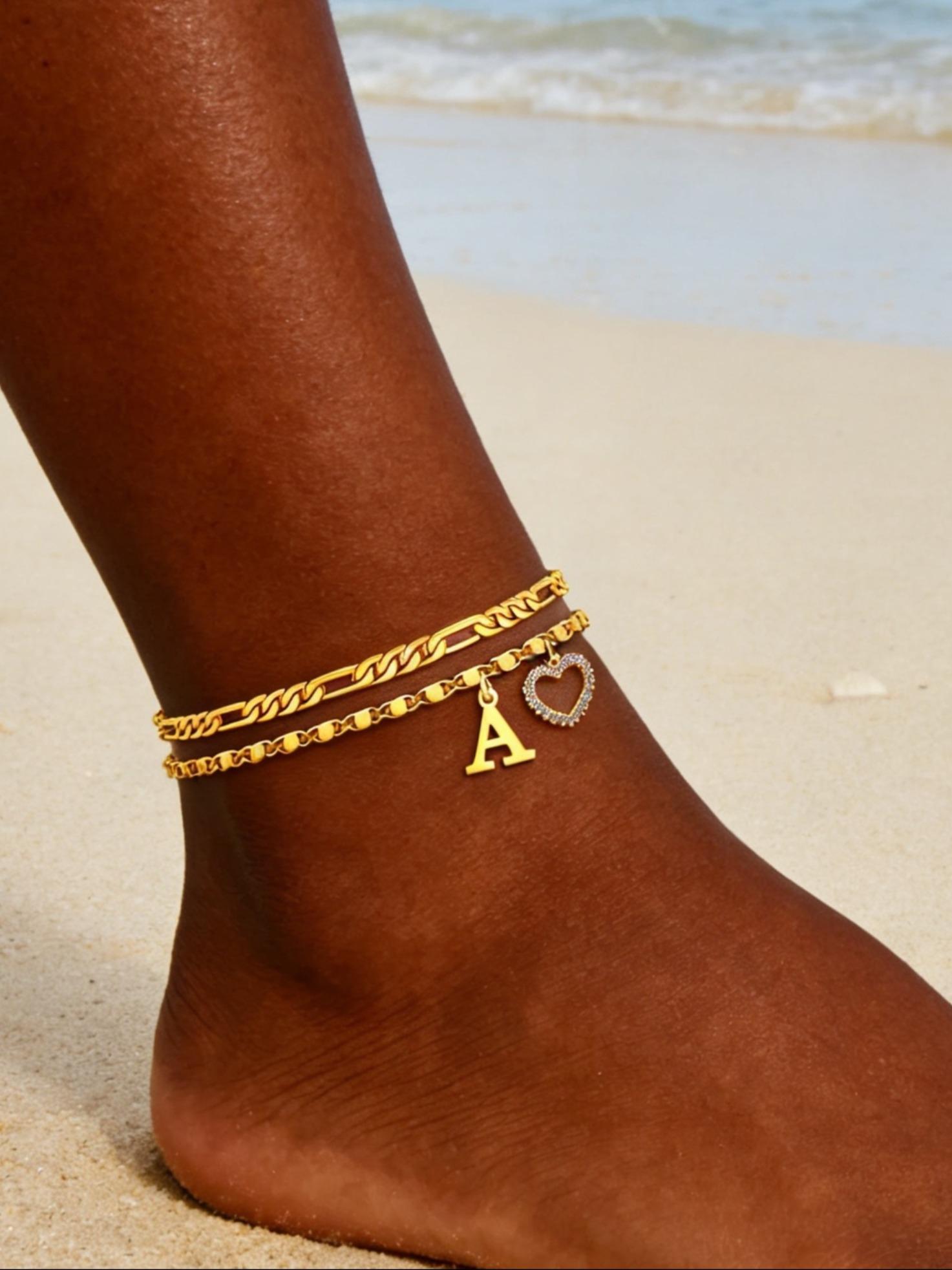 New 26 Letter and Heart Pendant Anklet, Stainless Steel Chain 2-Piece Set, Fashionable Women's Beach Foot Jewelry, Stylish Anklets for Summer