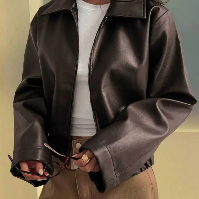 Women's Autumn Winter Jacket, Loose Fit Casual Faux Leather Coat, Regular Fit, Pocket Design, Stylish Outerwear for Women