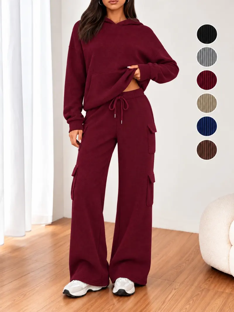 Women’s 2 Piece Ribbed Hoodie Set, Long Sleeve Pullover & Wide Leg Cargo Pants, Casual Lounge for Fall Winter, Holiday Gift Women’s 2 Piece Ribbed Hoodie Set, Long Sleeve Pullover & Wide Leg Cargo Pants, Casual Lounge for Fall Winter, Holiday Gift