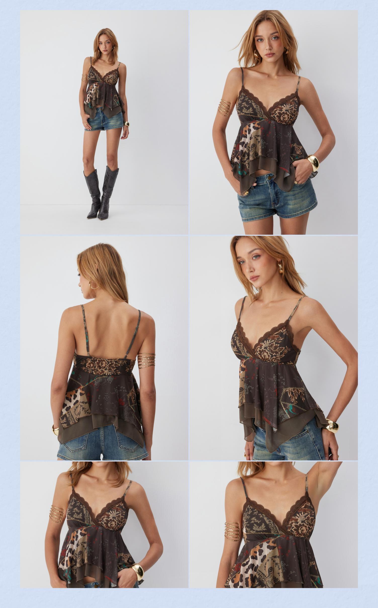Cider Mesh Aztec V-neck Lace Trim Layered Hanky Hem Crop Cami Top