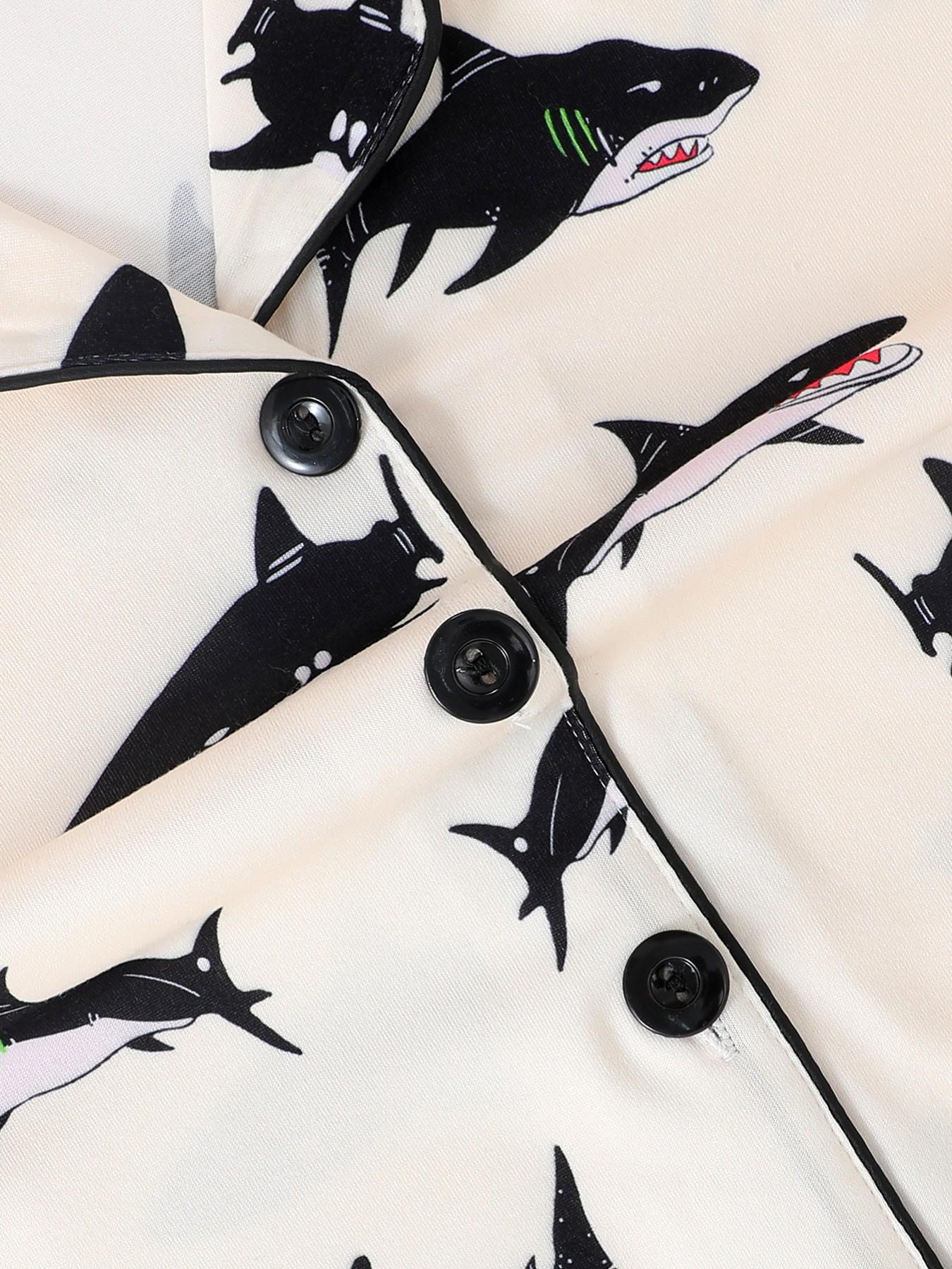 Kids Pajama Set, Cute Cartoon Shark Print, Short Sleeve Loose Fit, Fire-Resistant Knit Fabric, Spring Summer All Seasons