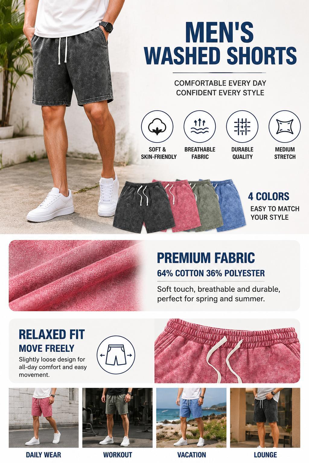 4-Pack Men's Summer Cotton Acid Washed Distressed Shorts Loose Fit Elastic Waist Drawstring Gym Basketball Athletic Running Shorts Active Pockets Casual Beach Vacation Aesthetic Lounge Wear Shorts Gift for Boyfriend Husband Menswear Vintage Fabric Fashion