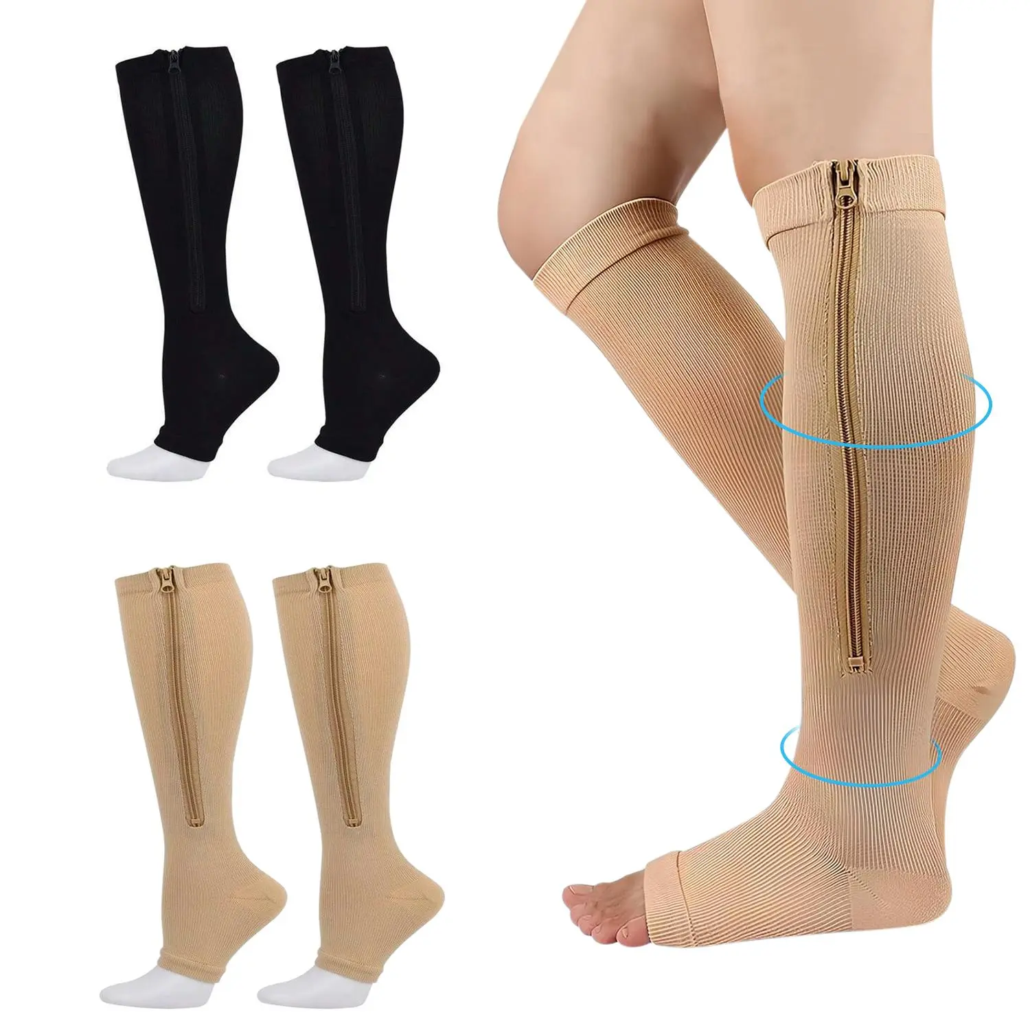 Nylon Zipper Compression Socks, 20-30mmHg Support Graduated Stockings for Mens Womens Athletic Running