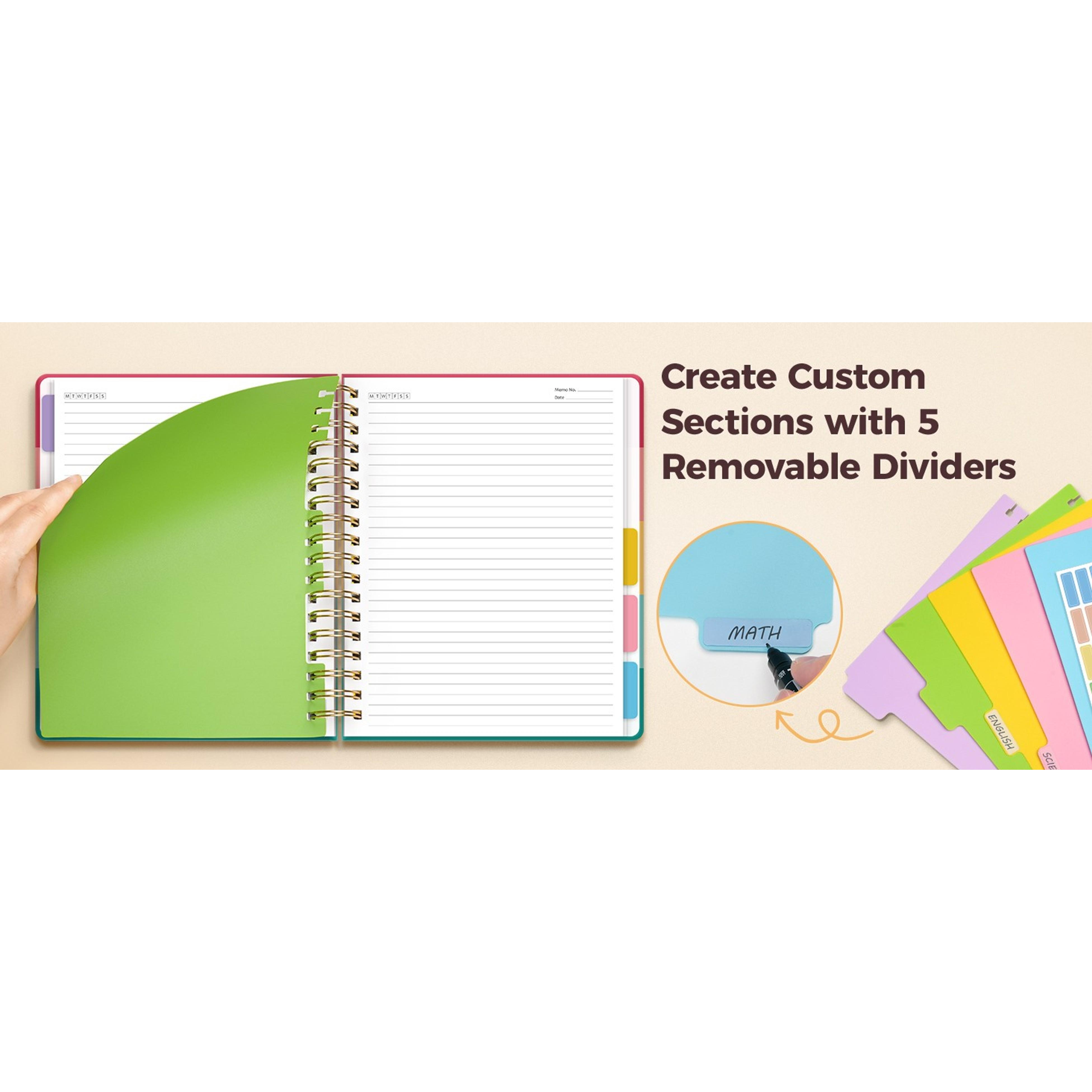 Hardcover Spiral Notebook Journal for Women & Men, Cute 5 Subject Notebook College Ruled for School & Work, Pink Journaling Notebooks with Removable Dividers Tabs, 8" x 10", 300 Pages, Bows