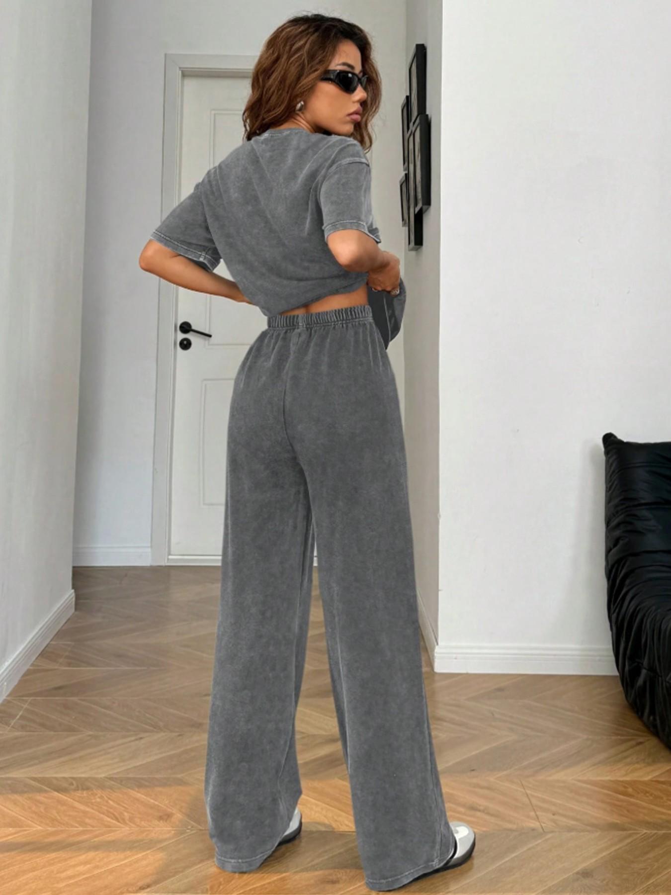 Women's Casual Everyday Acid-Wash Vintage Street-Style Soft Cotton Two-Piece Set, Loose-Fit Round-Neck Short-Sleeve T-Shirt and Wide-Leg Pants