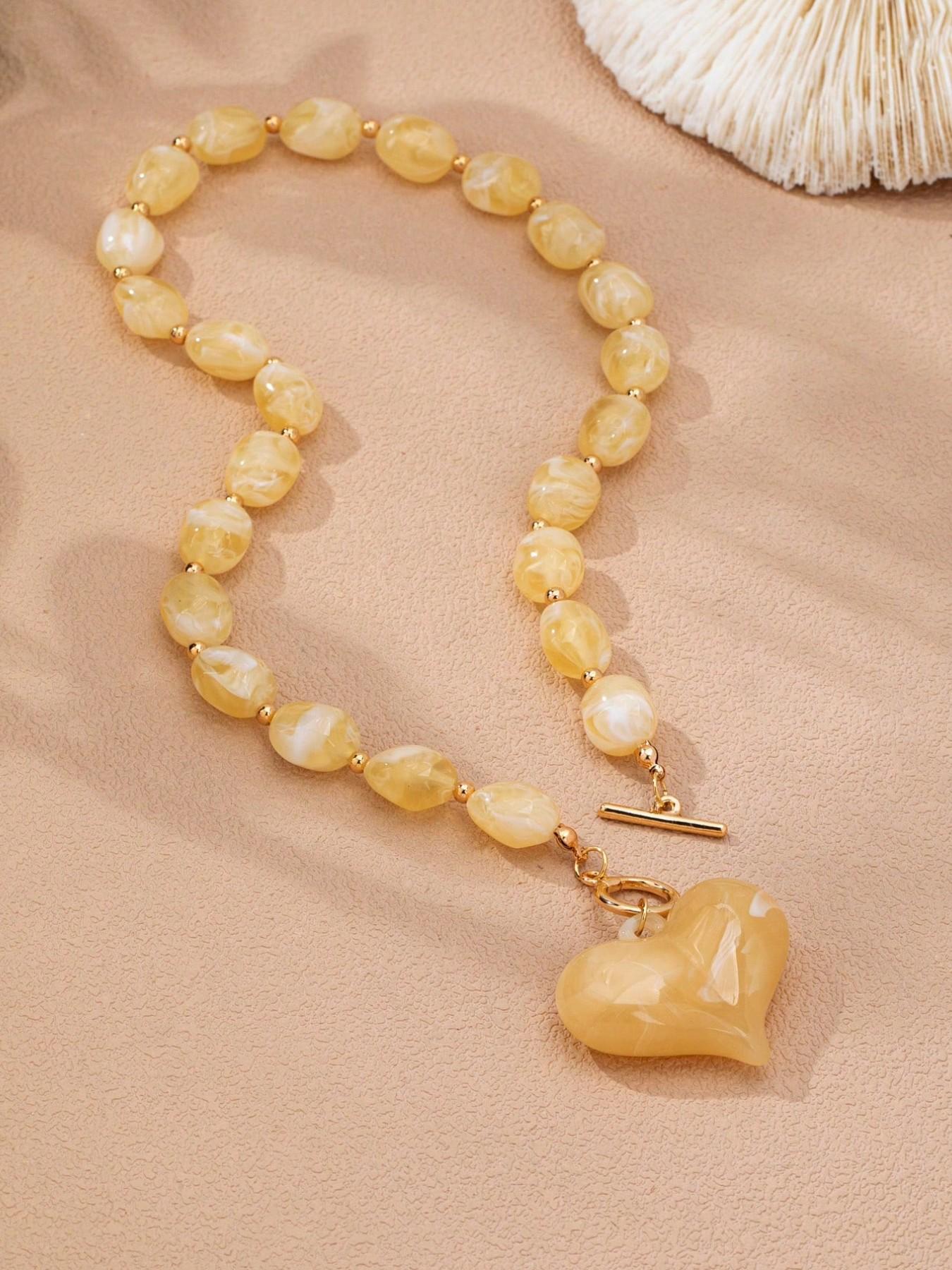 3Pcs Vintage Chunky Beaded Resin Heart Pendant Necklaces for Women, Statement Necklaces with Toggle Clasp, Trendy Jewelry Gift for Parties & Daily Wear, Casual Jewelry