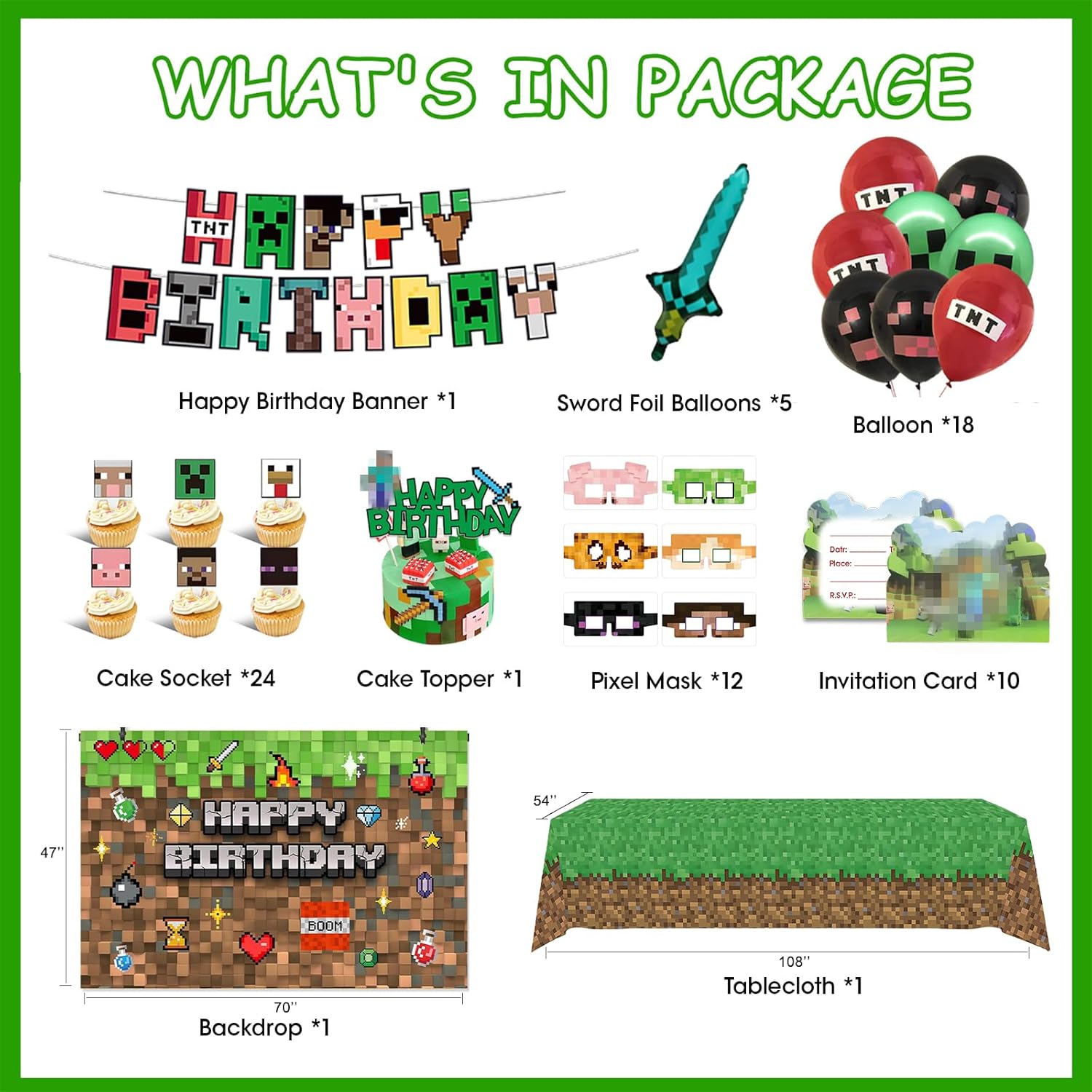 73 count Pixel  Birthday Party Decorations for Boys, Pixel party supplies Kit, Gaming-Themed Birthday supplies Set including Banner, Tablecloth, Sword Foil Balloons, Cupcake Toppers.