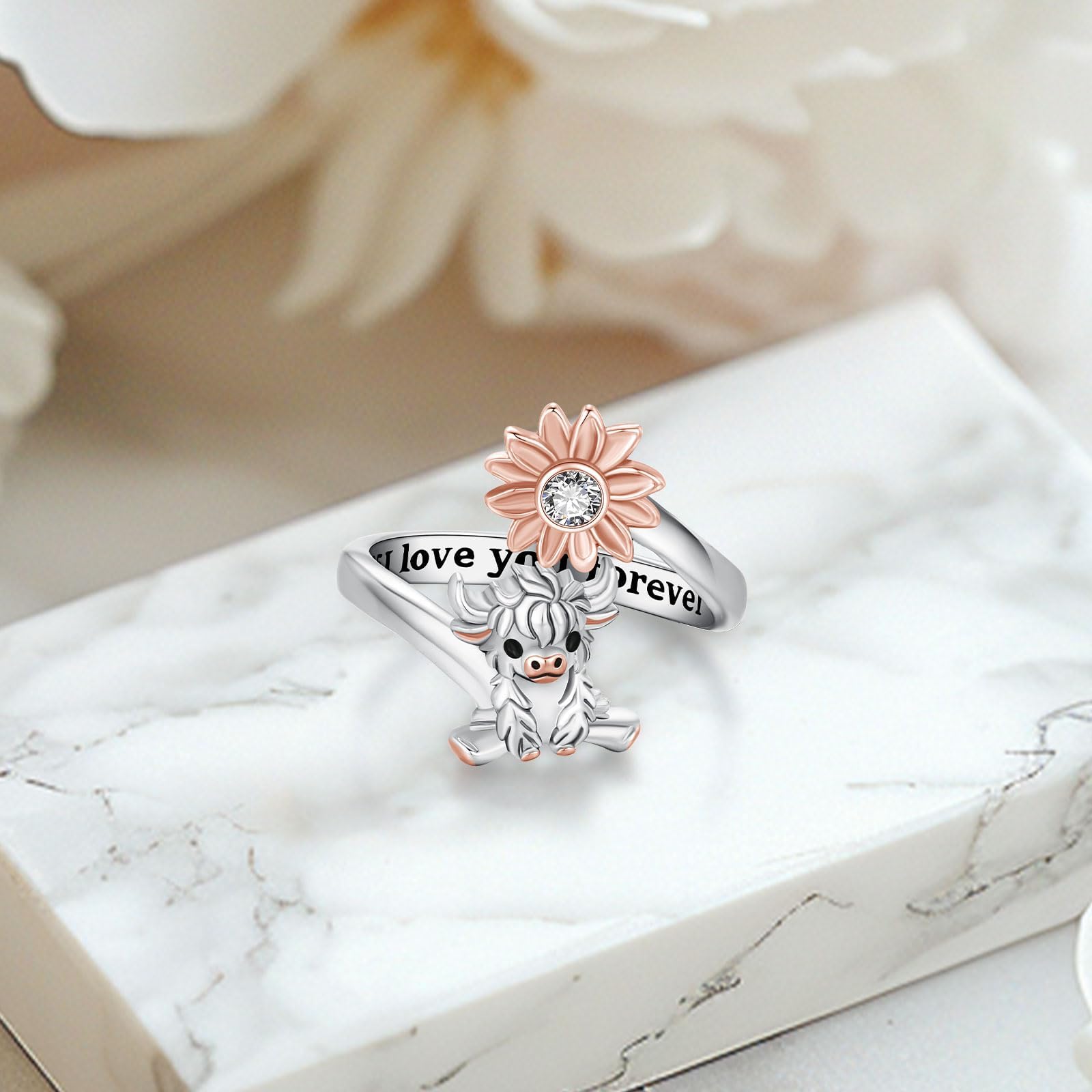 DRINSPER Highland Cow Jewelry 925 Sterling Silver Pendant Necklace & Ring Cute Highland Cow Open Ring Highland Cow Jewelry