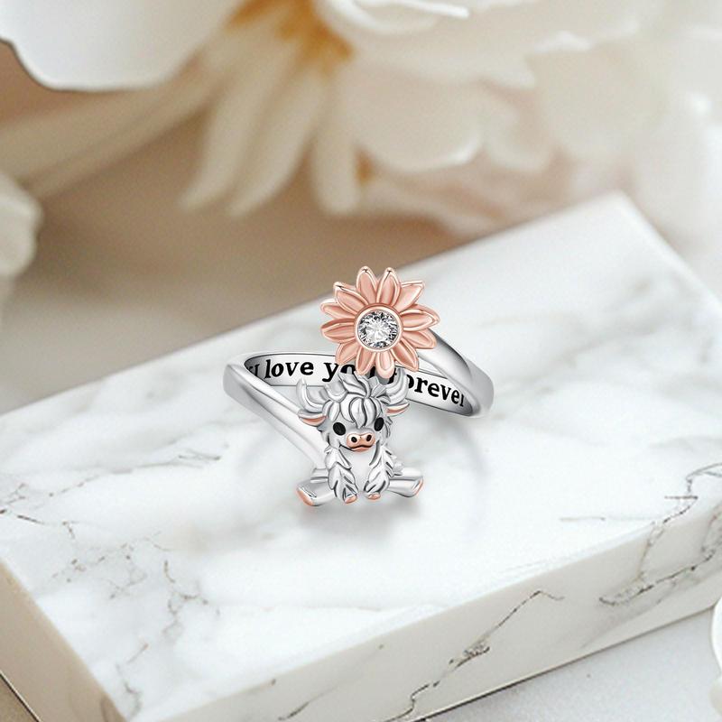 DRINSPER Highland Cow Jewelry 925 Sterling Silver Pendant Necklace & Ring Cute Highland Cow Open Ring Highland Cow Jewelry