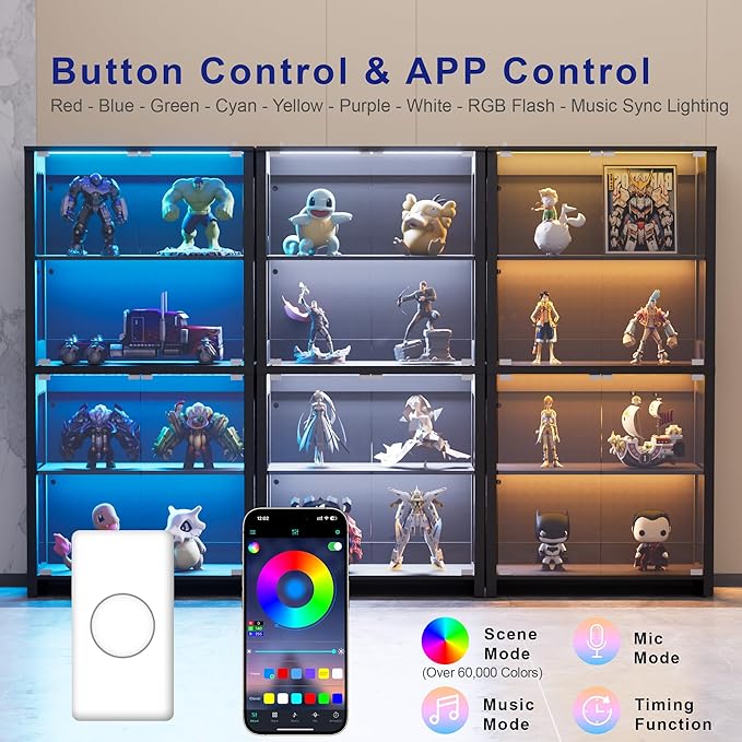 Display Cabinet with Glass Doors, 63” 4-Tier Wood Display Case with RGB Lights for Collectibles, Tall Curio Cabinet Anti-Tipping with Adjustable Shelves, Storage Cabinets for Living Room