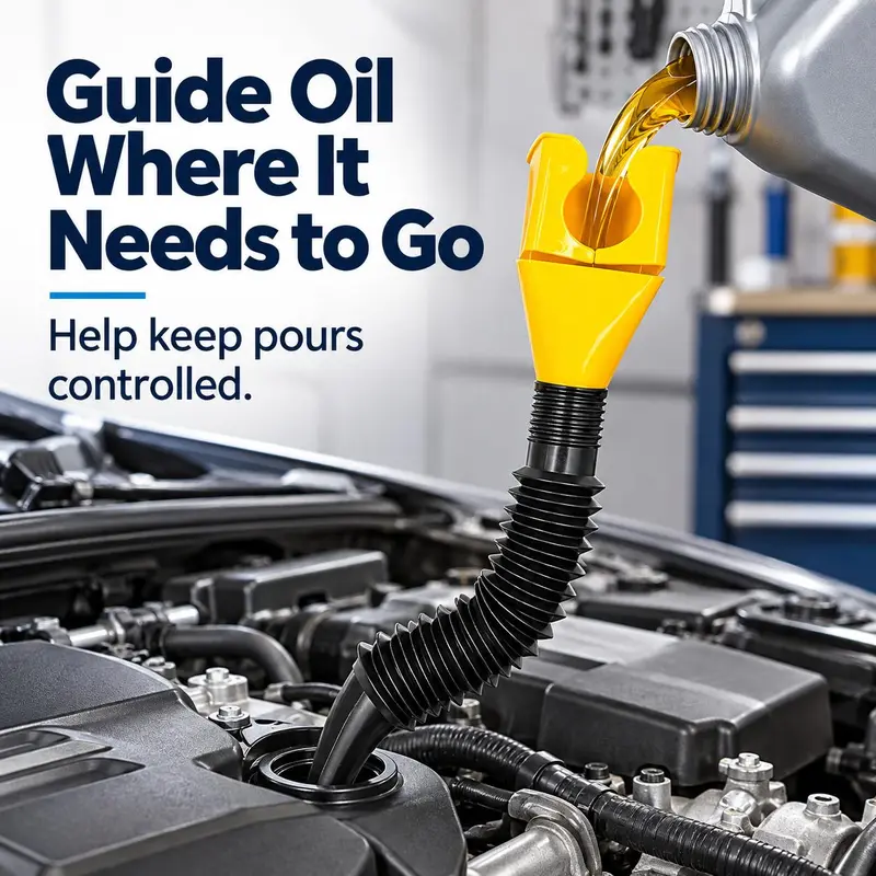Flexible clip-on oil funnel ready for use in a vehicle maintenance kit