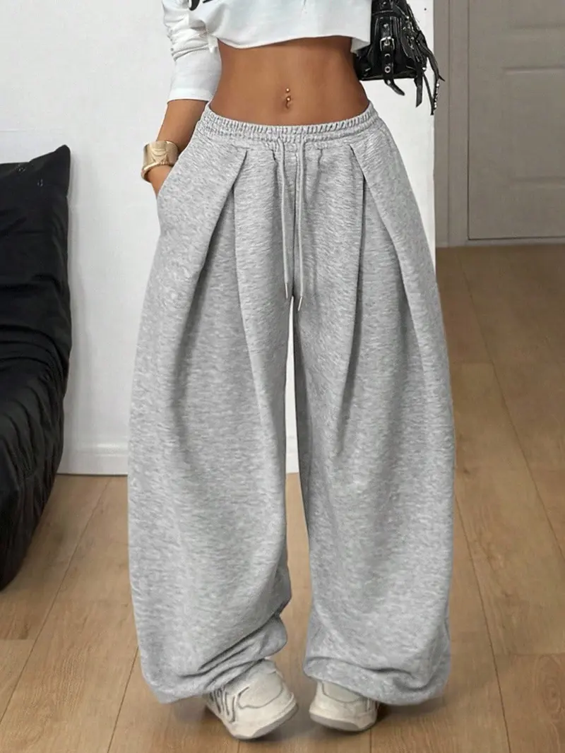 Women Elastic Waist Cuffed Jogger Pants, High Waist Baggy Wide Leg Sweatpants With Drawstring Ankle, Casual Streetwear for Lounging Daily Going Out