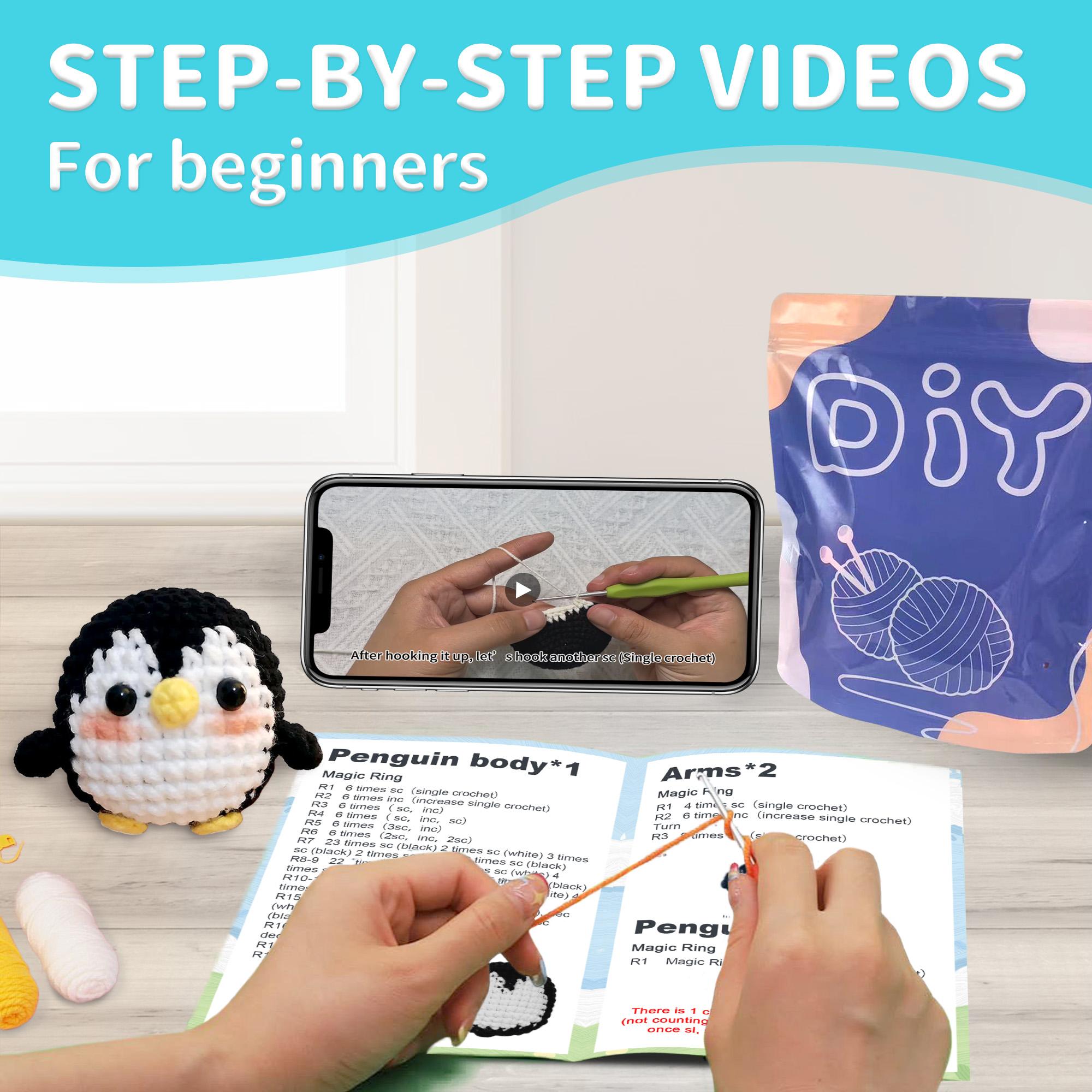 Penguin Crochet Material Package, Cute Stuffed Animal Kit, Include Videos Tutorials, Yarn, Seam Markers And Instructions, Handmade Crochet Penguin (Accessories In Random Color）