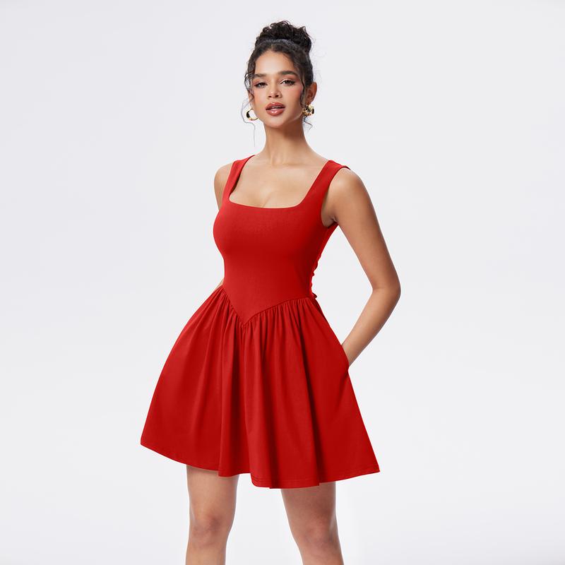 OYV Women's Summer Sleeveless Square Neck A-line Ruffle Hem Mini Tank Dress with Pockets OYV Women's Summer Sleeveless Square Neck A-line Ruffle Hem Mini Tank Dress with Pockets