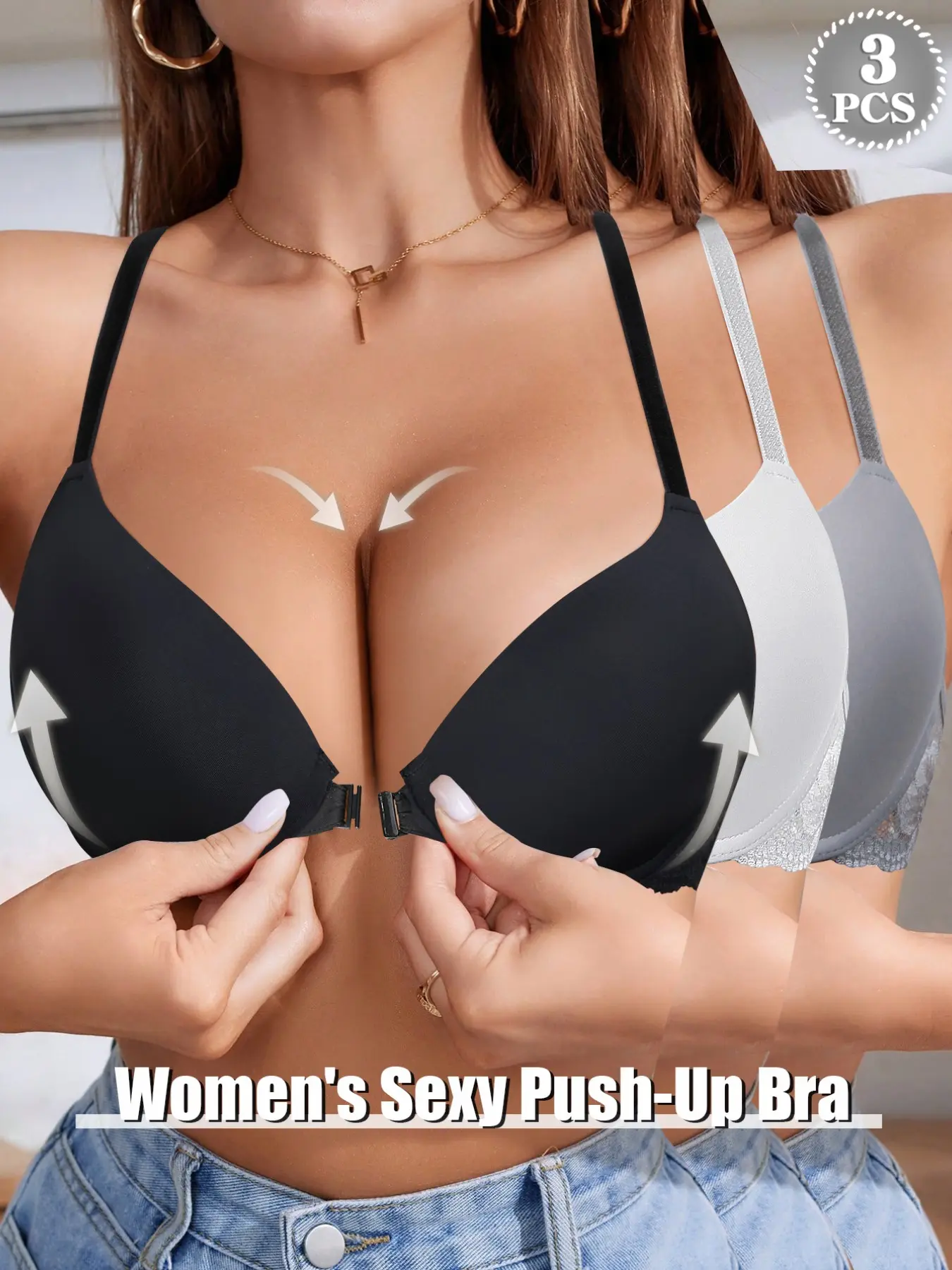 2/3PCSWomen Front‑Closure Bra, Smooth Cups, Lace Y‑Back, Underwire Push‑Up Shaping, Adjustable Thin Straps, Easy Wear & Take‑Off, Ideal for Back‑Baring Outfits, Chic
