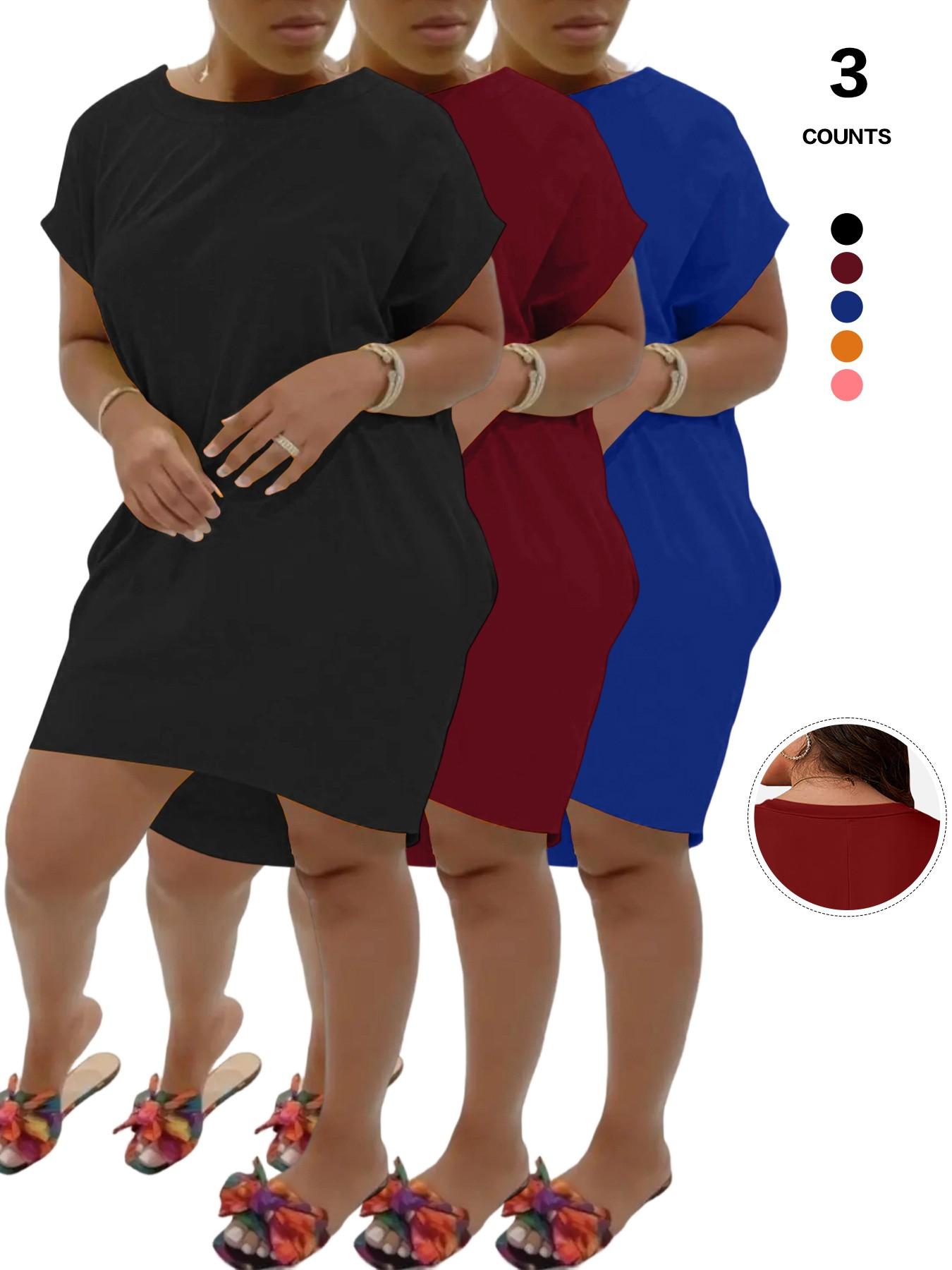 Women's Solid Color Batwing Sleeve Hidden Pocket Tee Dress, Casual Fashionable Daily Wear, Comfortable & Stylish Design