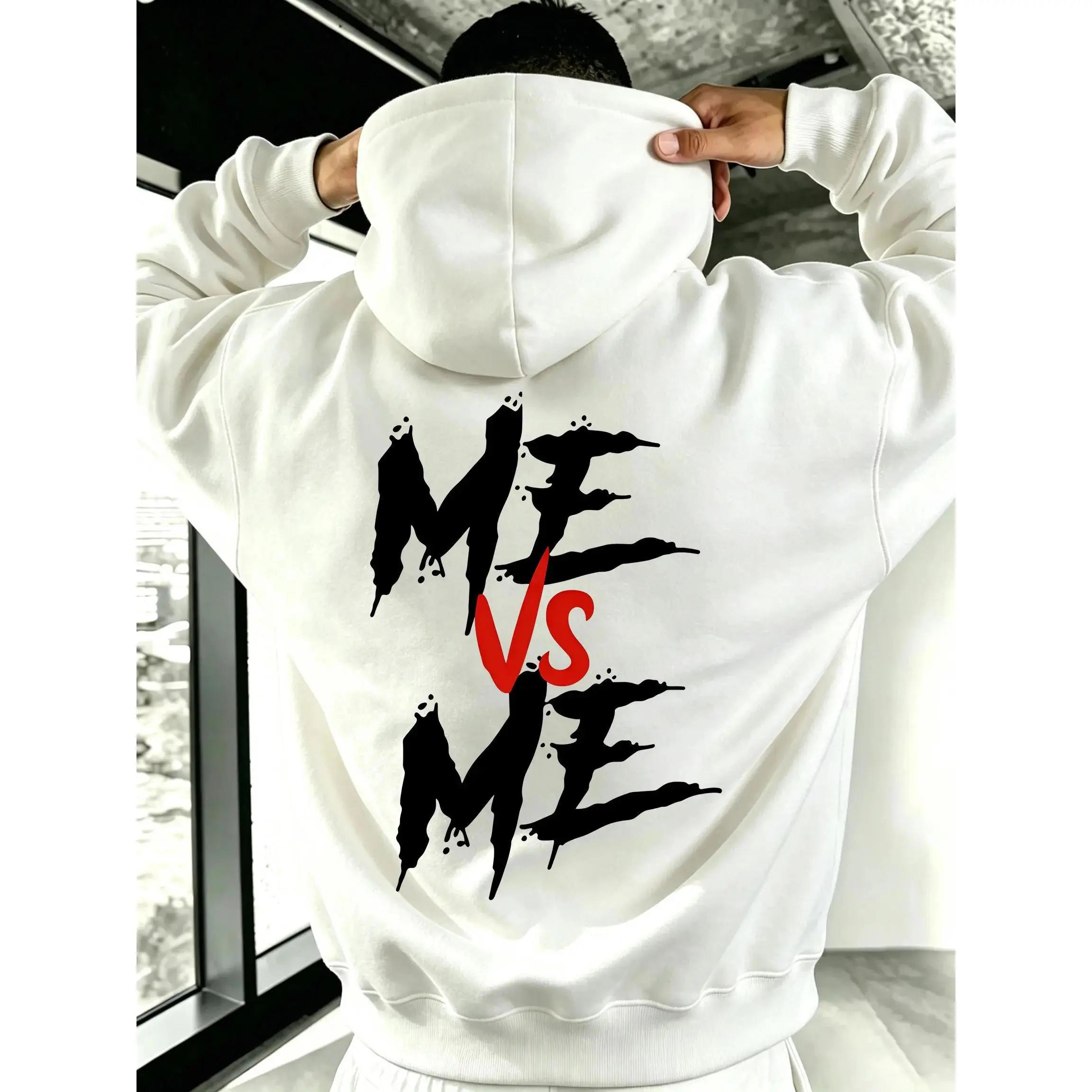 Me Vs Me Graphic Double-Sided Print Hoodie With Ink Brush Strokes And Motivational Slogans Relaxed Drop-Shoulder Sweatshirt Sohochic Streetwear For Men And Women