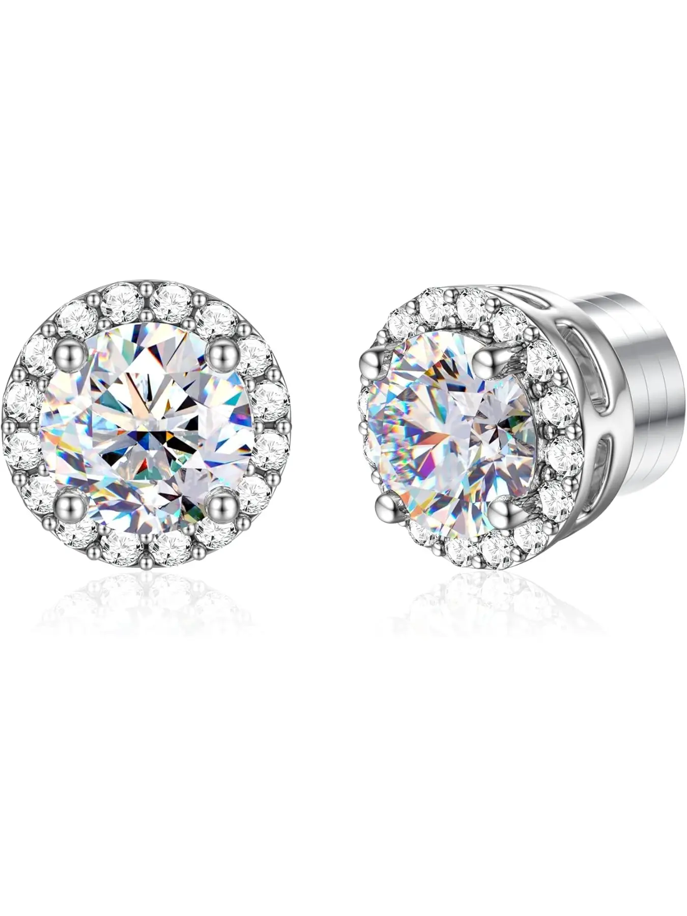 Moissanite Magnetic Earrings for Men, 18K White Gold Plated Hypoallergenic Stainless Steel Non Piercing Hoop Earrings, Earrings Hoops, Clip on Fake Earrings Studs Halo Round Diamonique Earring Women D Color VVS1 Stud Earrings
