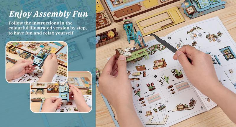 CUTEBEE Anna's Blue Blossom DIY LED Book Nook Wooden Miniature Bookcase with Dust Cover Perfect Gift for Black Friday & Christmas