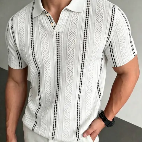 Men's Stretch Knit Geometric Jacquard, Short Sleeve Striped Textured Casual Summer Tee, Fitted Long All over Print, Knitted Polo Shirt
