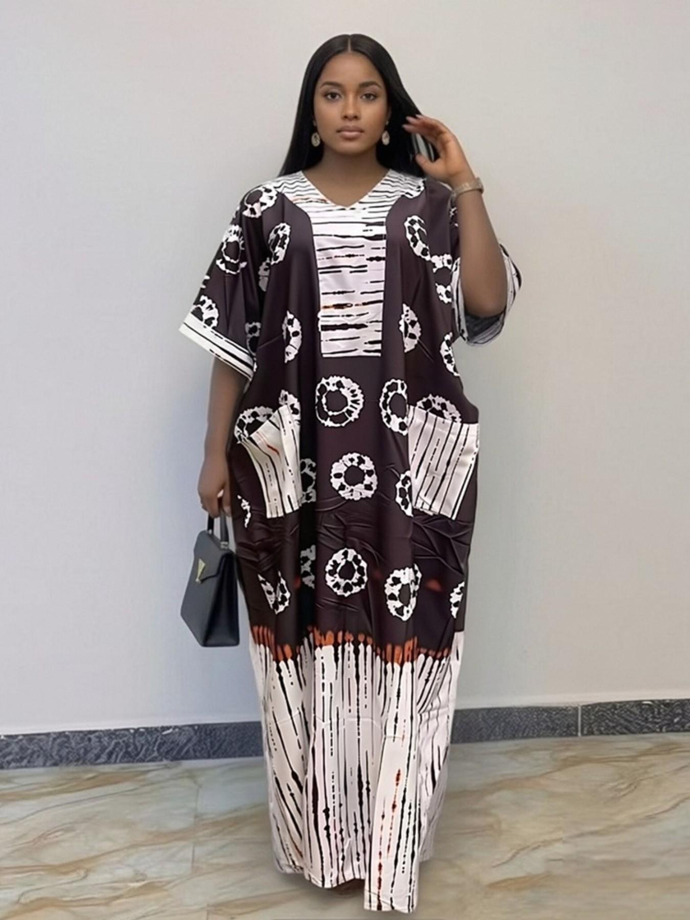 African Style Fashion Dress Summer Loose Plus Size Print Chest Patch Ethnic Boubou Kaftan Long Robe Daily Travel Party V Neck Short Sleeve with Pockets and Scarf Casual Wear
