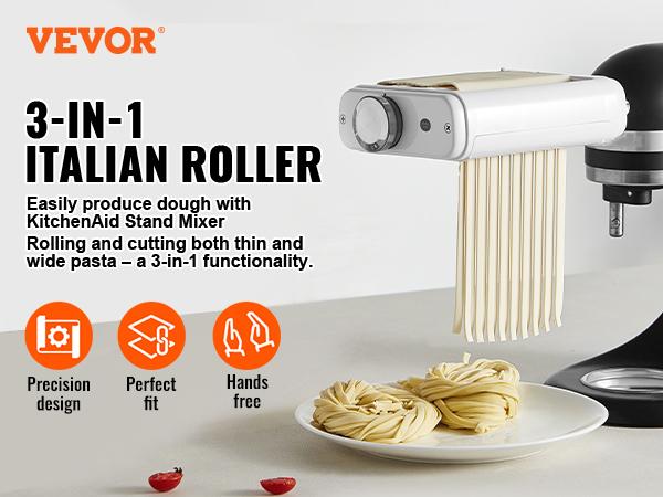 VEVOR Pasta Attachment for KitchenAid Stand Mixer, 3-IN-1 Stainless Steel Pasta Roller Cutter Set Including Pasta Sheet Roller, Spaghetti and Fettuccine Cutter, 8 Adjustable Thickness Knob Pasta Maker