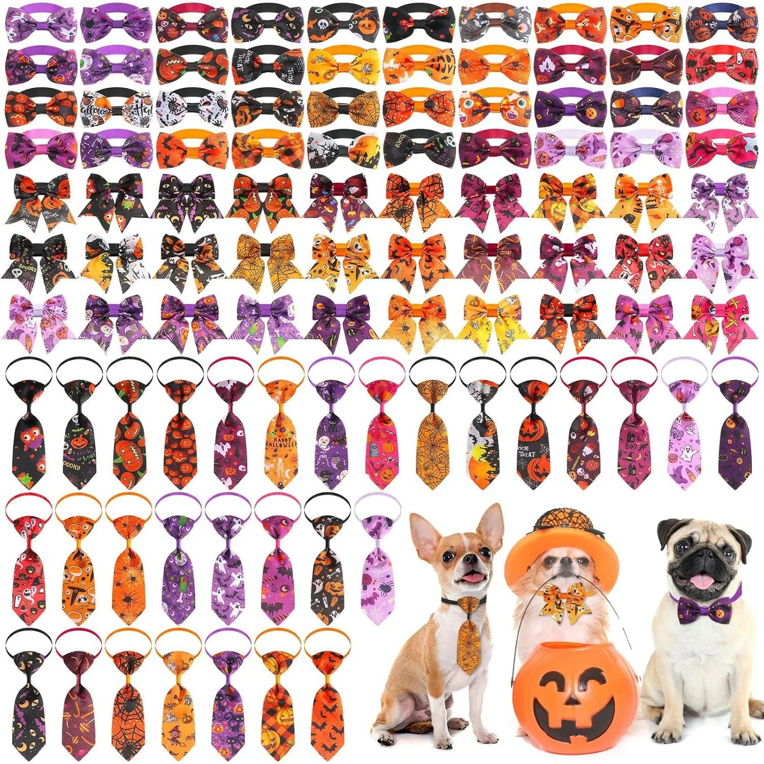 100 Pcs Halloween Dog Bow Ties Collar Set,Bowties for Dogs Bulk
