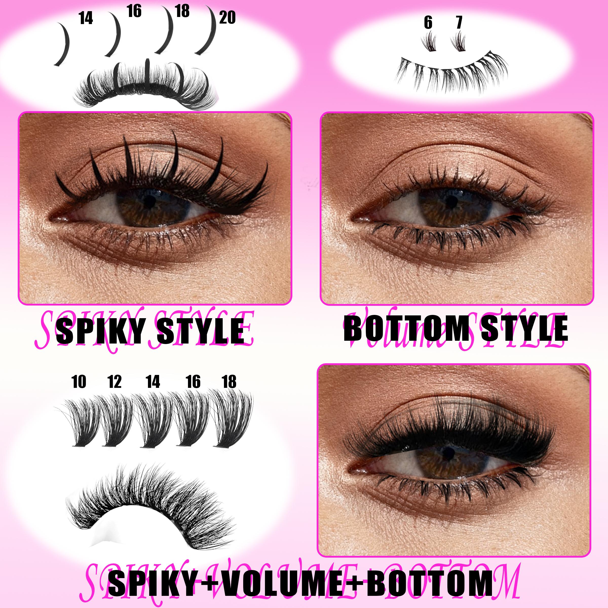 YIDUO Diy Eyelash Extensions 5 Styles Lashes Kit 60D\80D \100D\Spikes Eyelash and Bottom Lashes Clusters Kit 6-18mm Cluster Eyelash Extension Kit 840 Pcs D-Curl With Lash Bond and Seal, Lash Remover，Lash Tweezers,Eyelash Brush