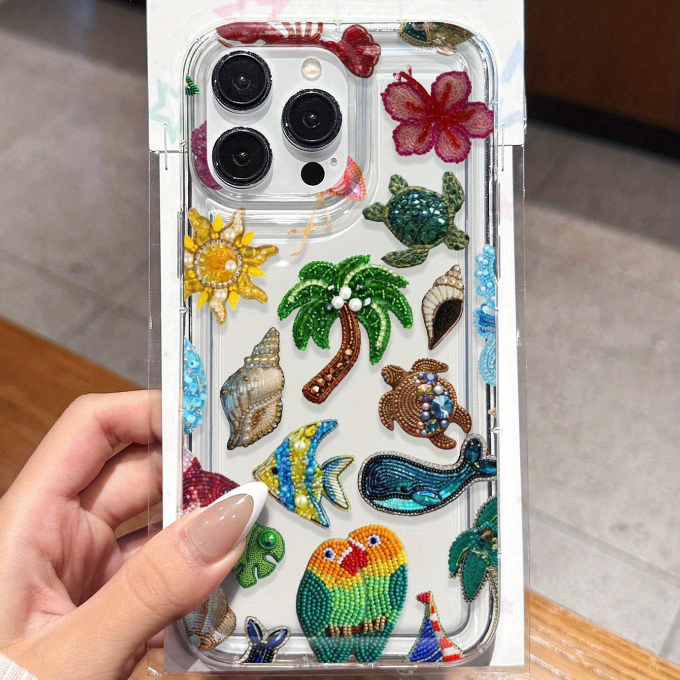 Summer Ocean Style Handmade Beaded Phone Case for iPhone 13-14 Series, Transparent Tpu Anti-Drop Protector, Tropical Bird Whale Parrot Design