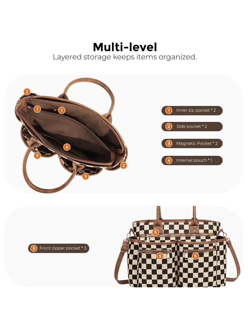 Women's Checkerboard Pattern Zipper Crossbody Tote Bag, Large Capacity Multi-Pocket Design Portable Shoulder Bag For Daily Used, Girl Fashionable Shopping Bag