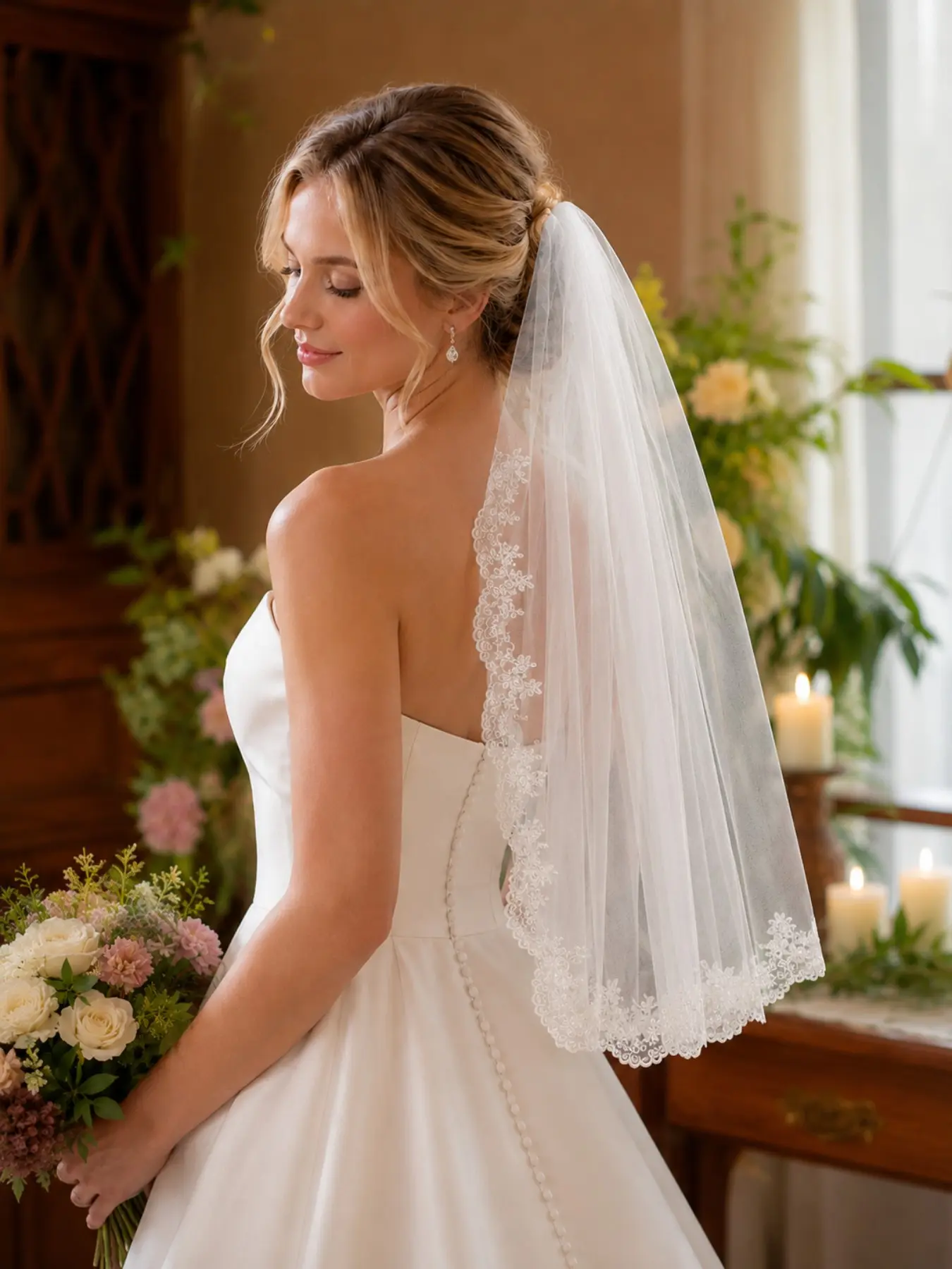 90cm Floral Embroidered Lace-Trimmed Bridal Veil – An elegant fingertip-length veil featuring soft tulle and exquisite lace edging. This romantic ivory veil is perfect for wedding ceremonies, receptions, church weddings, and bridal photography.