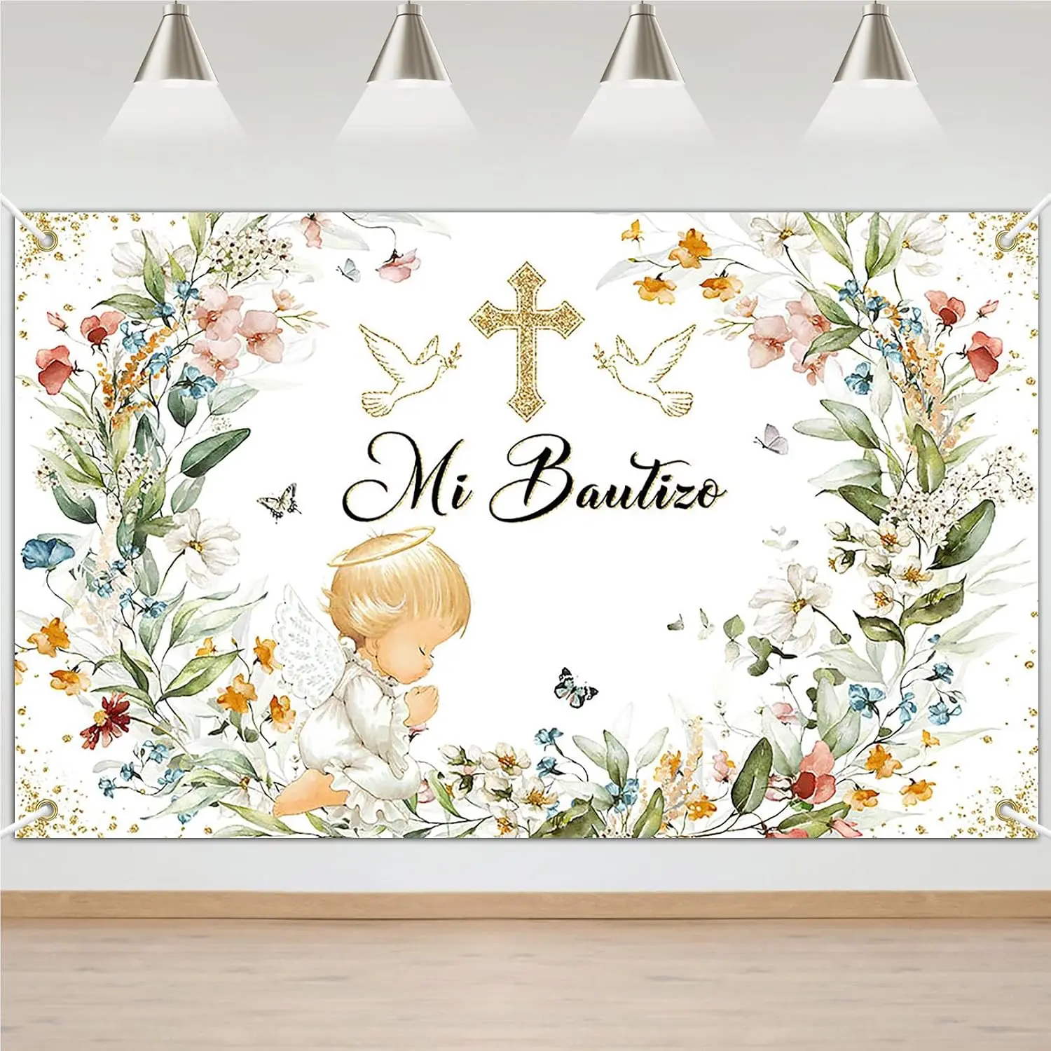 Mi Bautizo Backdrop Green Leaves Floral First Holy Communion Party Decorations Christening Newborn Shower Banner Angel God Bless Baptism Background 70.8 x 43.3 Inch