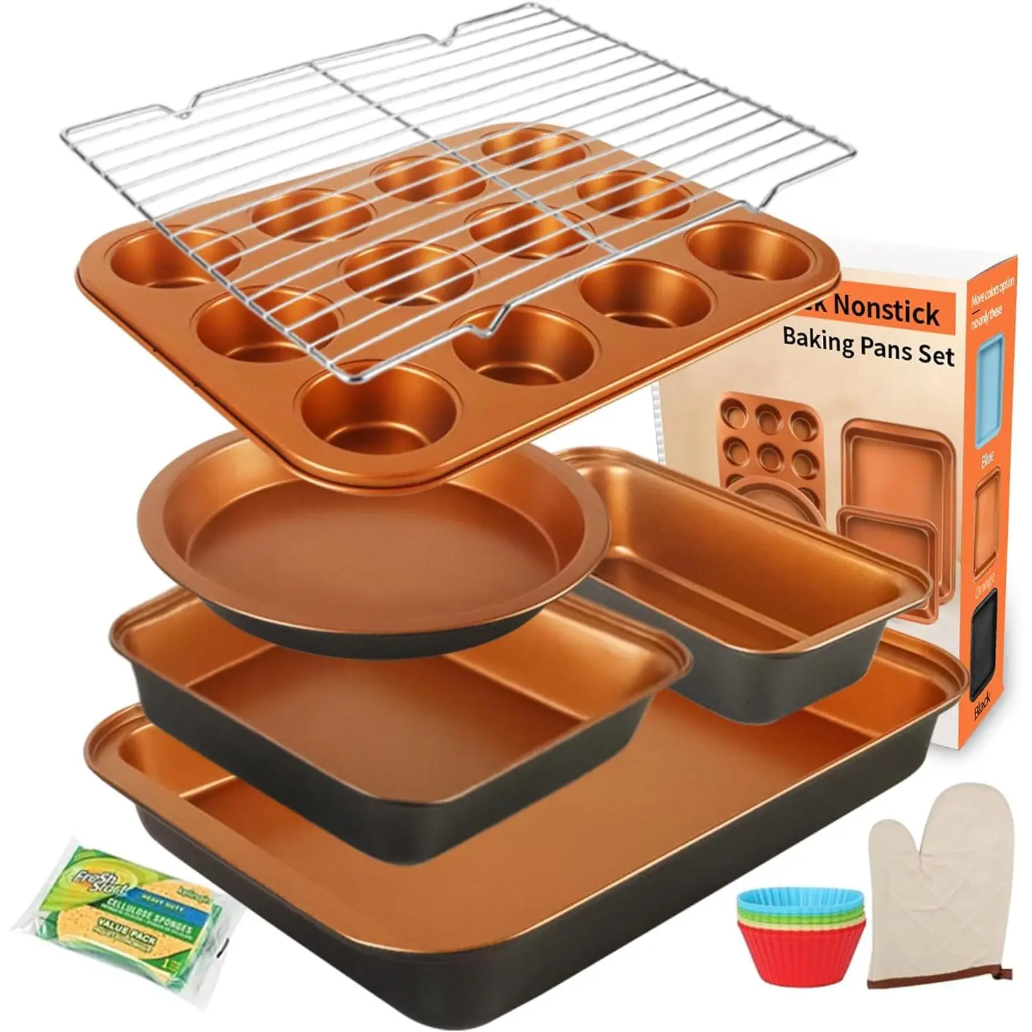Baking Pans Set 6-Pieces, Non Stick Bakeware Sets for Baker, Golden | Stackable Baking Set Baking Pan Set with Rectangular Baking Pan, Muffin Pan, Round/Square Cake Pan, Loaf Pan for  Baker