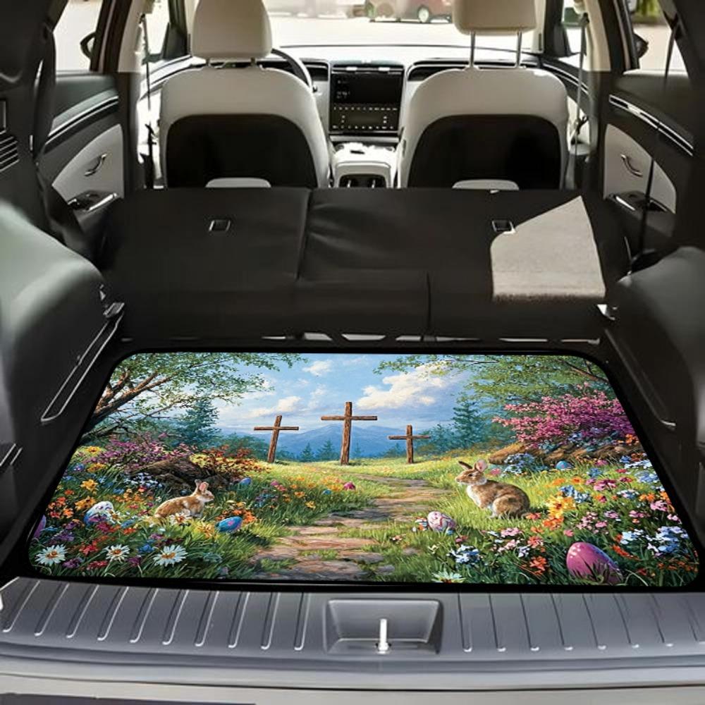 1pc Stylish Car Trunk Mat | Easter Scene with Wooden Crosses, Colorful Flowers, Rabbits, and Easter Eggs in a Mountainous Field - Durable Polyester, Keeps Trunk Dry & Clean, Adds to Vehicle Interior