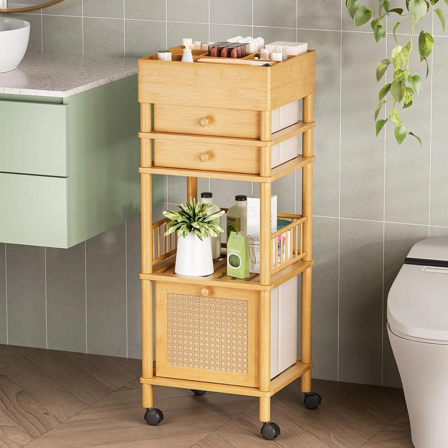 Bamboo Makeup Organizer Cart with 3 Drawers, Floor Skin Care Storage for Bathroom Bedroom, Rolling Vanity Organizer Cart for Cosmetic, Nail Polish, Perfume and Hair Tools