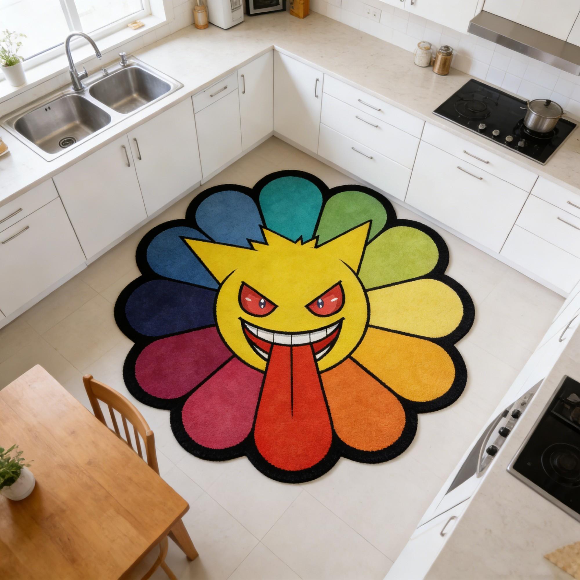 Funny Rainbow Sunflower Rug, Irregular Trendy Creative Home Decor Mat, Durable, Non-Slip, Washable, Suitable for Game Room, Bedroom, Living Room, Kitchen