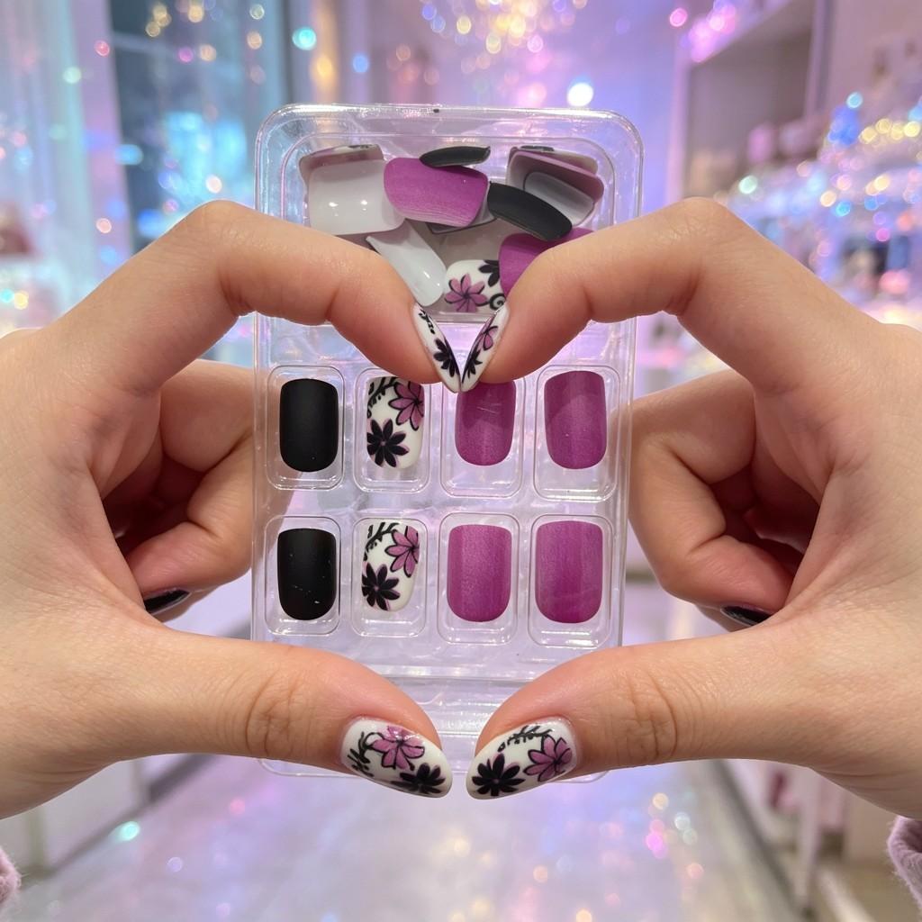 Handmade False Nails, 24-Piece Set, French Floral Design with and, Romantic and Elegant, Perfect for Daily Use and Special Occasions