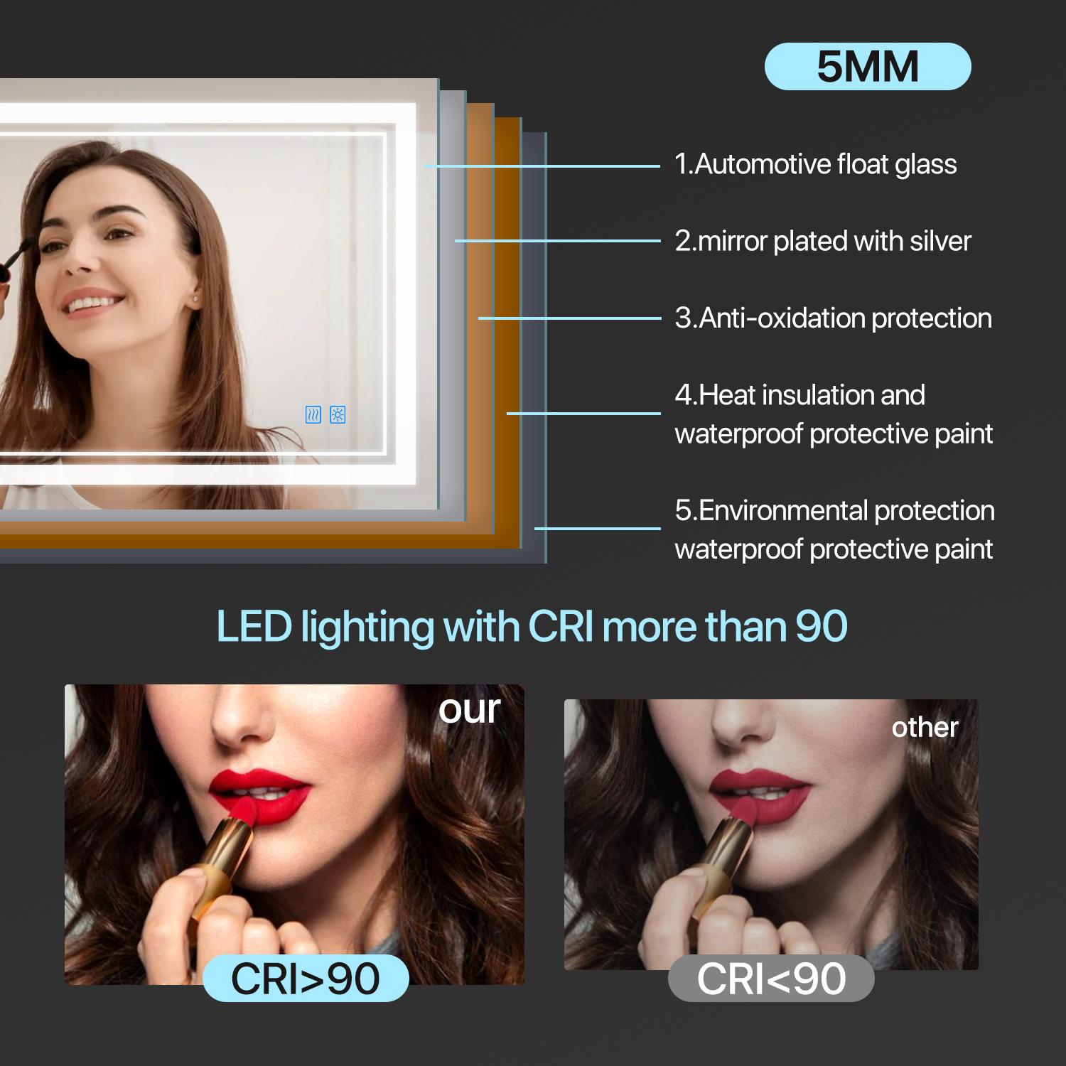 GLITGATE LED Bathroom Mirror Lights, Over Sink Bathroom Mirror with Tempered Glass, Dimmable Bathroom Mirror with Touch Control, 3-Color Options, Wall Mounted, Defogging&Memory Timing Function, Bedrooms, Closets, Hallways,Barber Shop