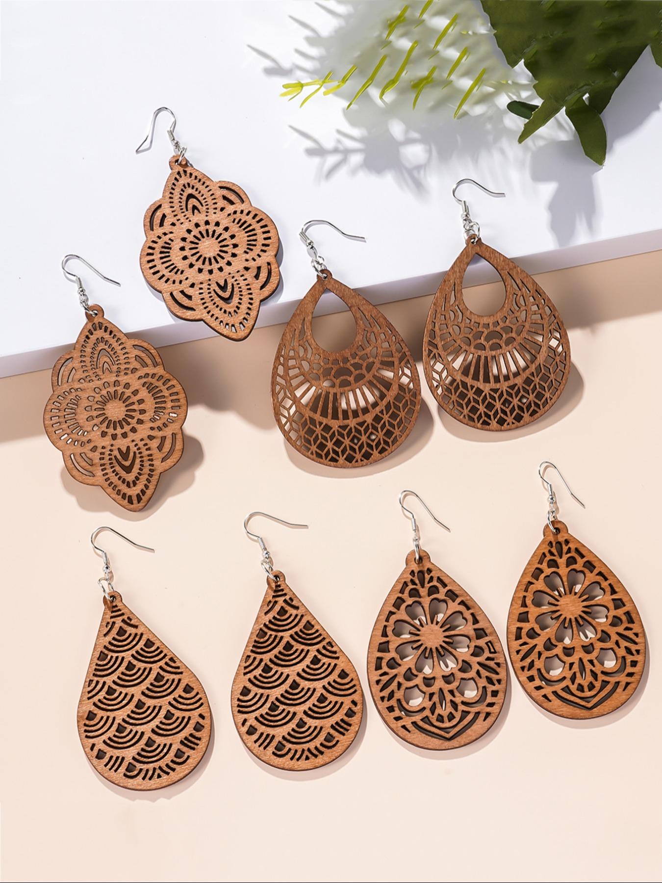 4 Pair Boho Hollow out Design Wooden Dangle Earrings, Vintage Style Water Drop Ear Jewelry for Women, Casual Jewelry for Party, Daily Clothing Decor