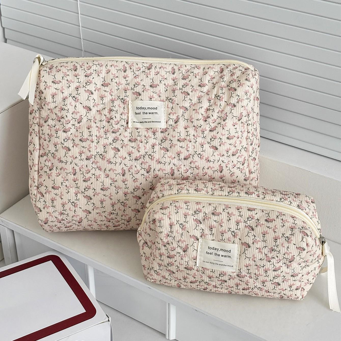 3-Piece Quilted Travel Makeup Bag Set, Large Capacity, Washable, Floral Pattern, Portable, Ideal for Women/girls, Perfect Gift
