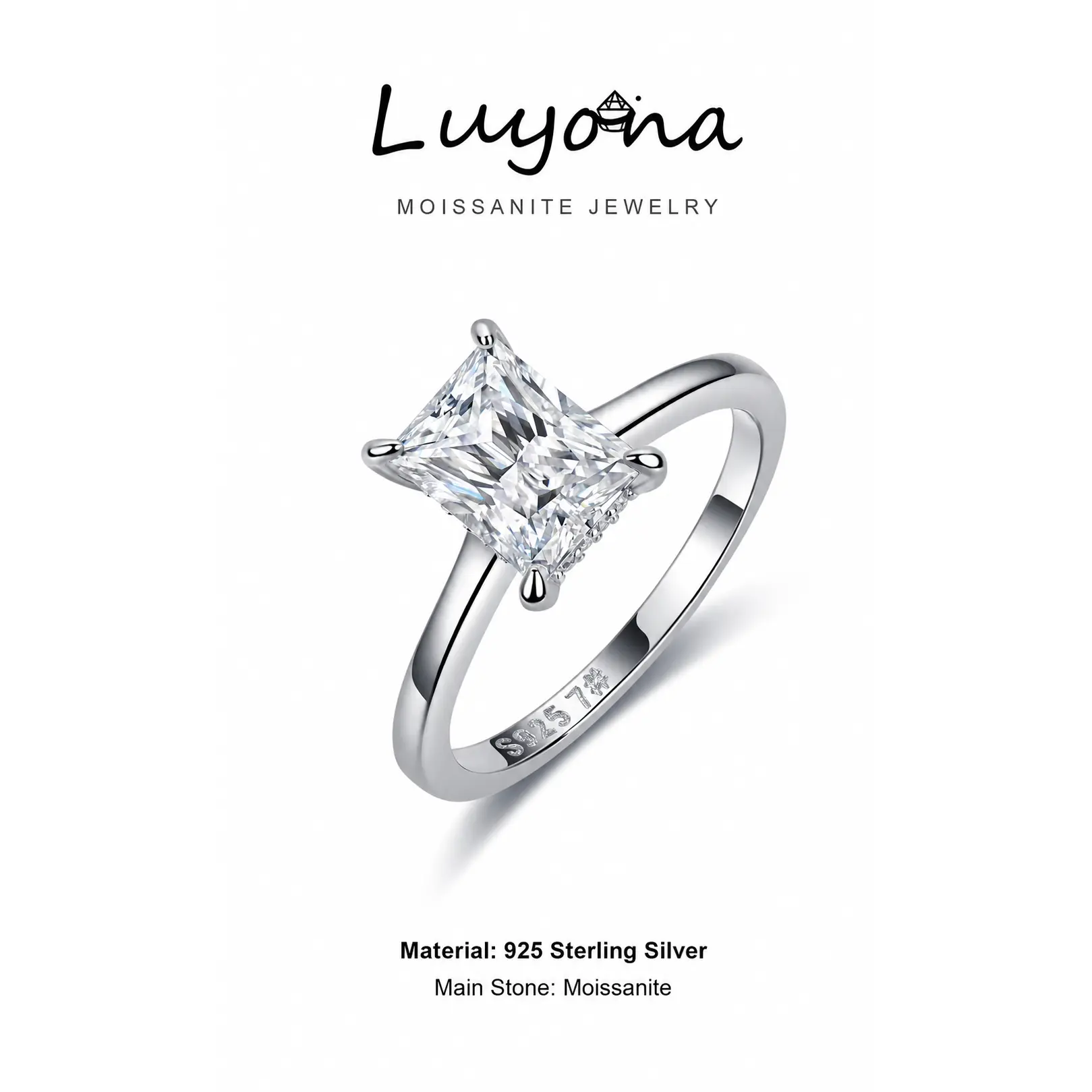 LUYONA Radiant Cut Moissanite Ring for Women, 925 Sterling Silver Engagement Wedding Promise Ring, 2/3ct D Color VVS1 Lab Created Moissanite, White Gold or Yellow Gold Plated, Hidden Halo Birthday Gift with Certificate, Size 5-9